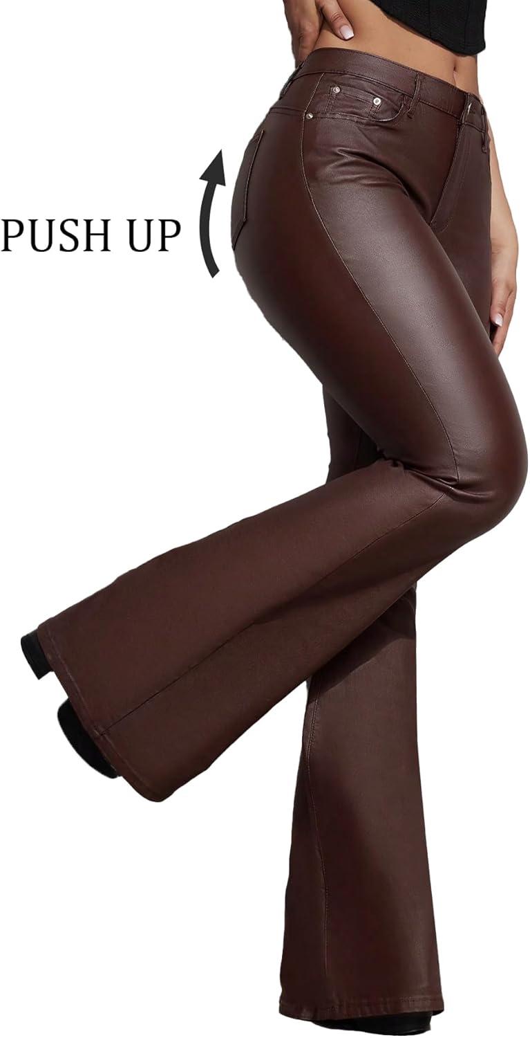 imageWomens Faux Leather Coated Flare Pants Mid Waist PU Skinny Black Leggings Bell Bottom Pants with PocketsChocolate