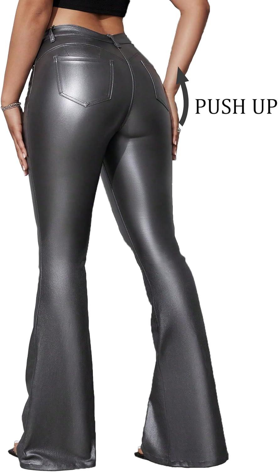 imageWomens Faux Leather Coated Flare Pants Mid Waist PU Skinny Black Leggings Bell Bottom Pants with PocketsSilver