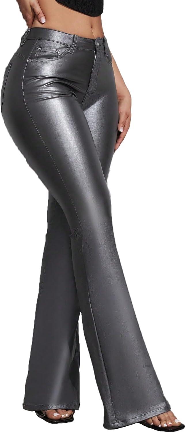 imageWomens Faux Leather Coated Flare Pants Mid Waist PU Skinny Black Leggings Bell Bottom Pants with PocketsSilver