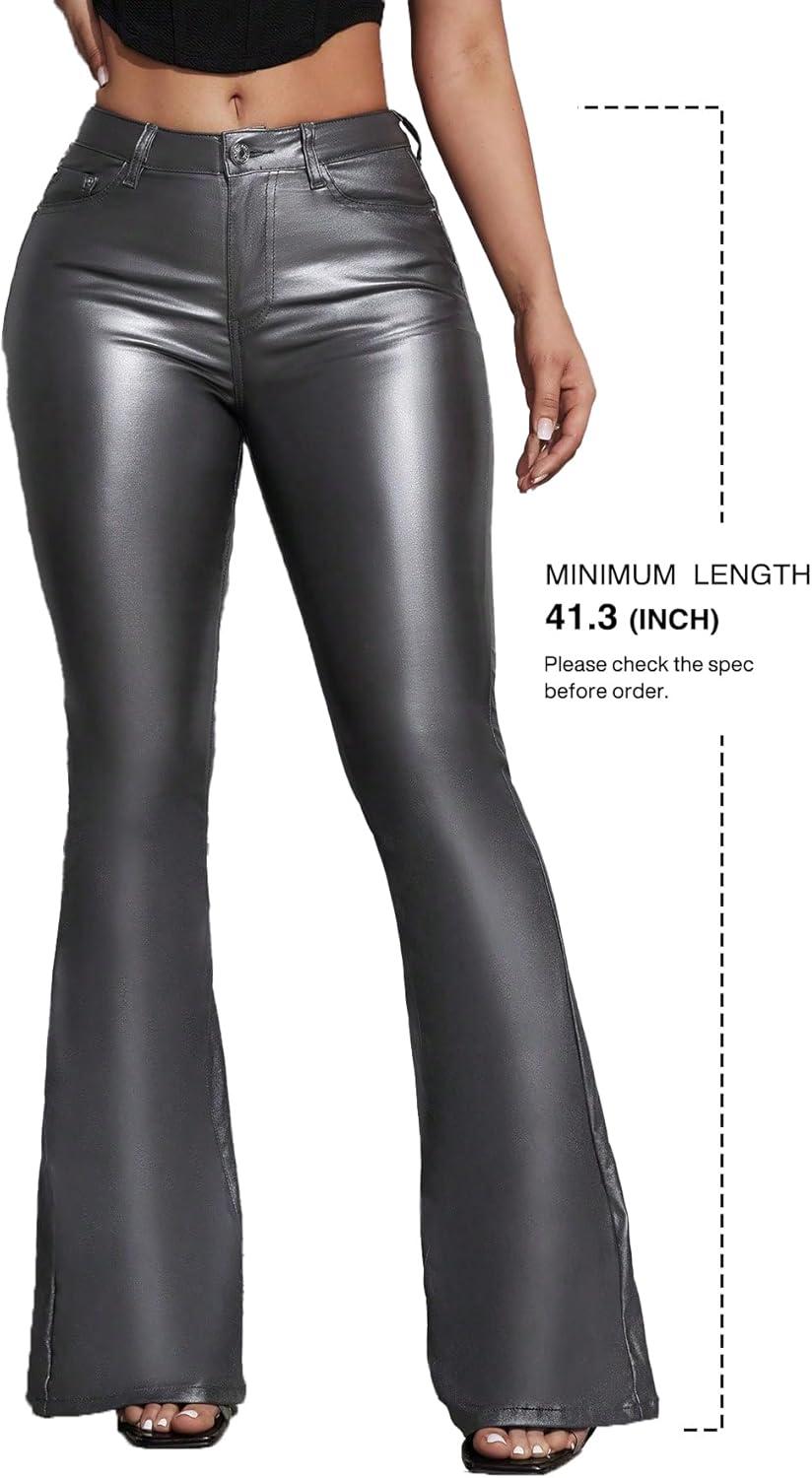 imageWomens Faux Leather Coated Flare Pants Mid Waist PU Skinny Black Leggings Bell Bottom Pants with PocketsSilver