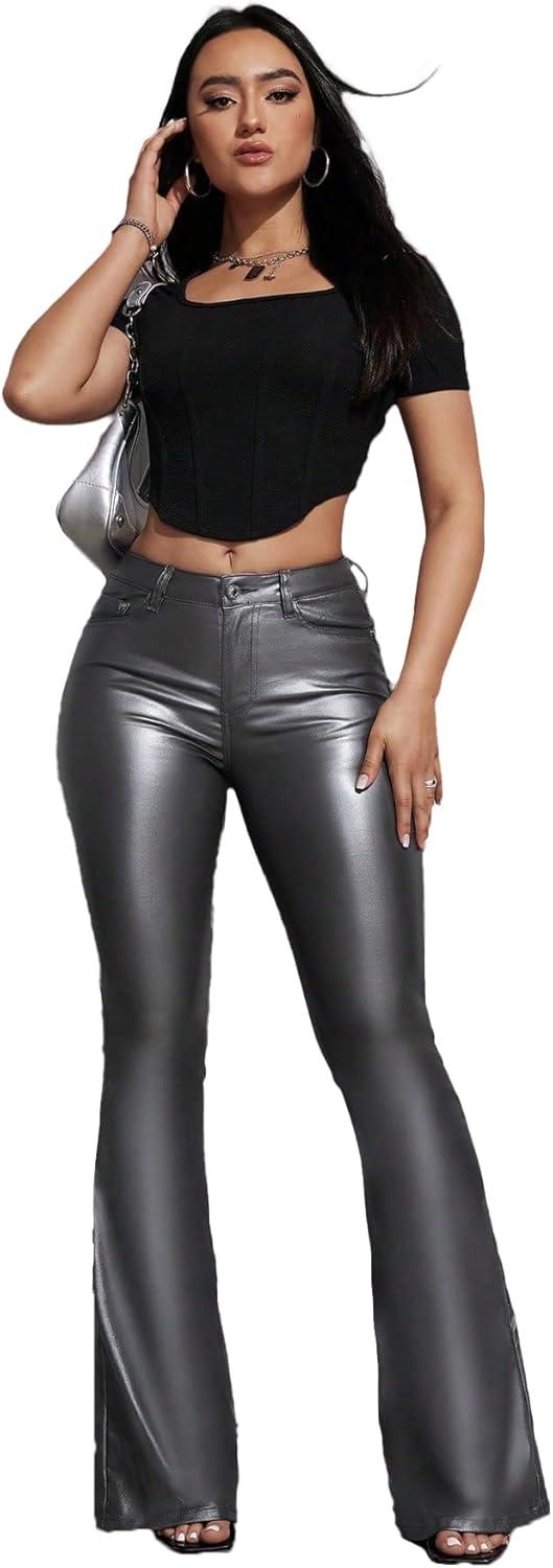 imageWomens Faux Leather Coated Flare Pants Mid Waist PU Skinny Black Leggings Bell Bottom Pants with PocketsSilver