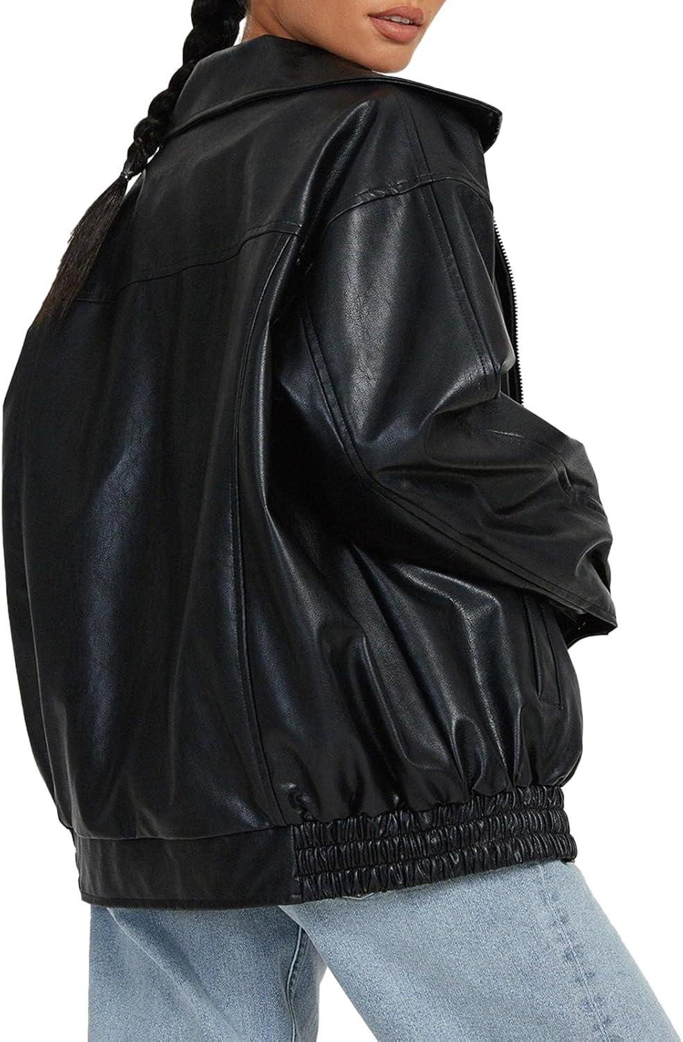 imageWomens Faux Leather Jackets Oversized Motorcycle Jacket Bomber Coats Fashion Outfits Spring Fall ClothesBlack