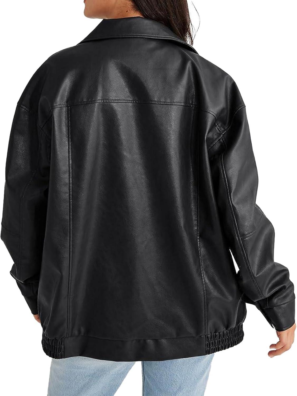 imageWomens Faux Leather Jackets Oversized Motorcycle Jacket Bomber Coats Fashion Outfits Spring Fall ClothesBlack
