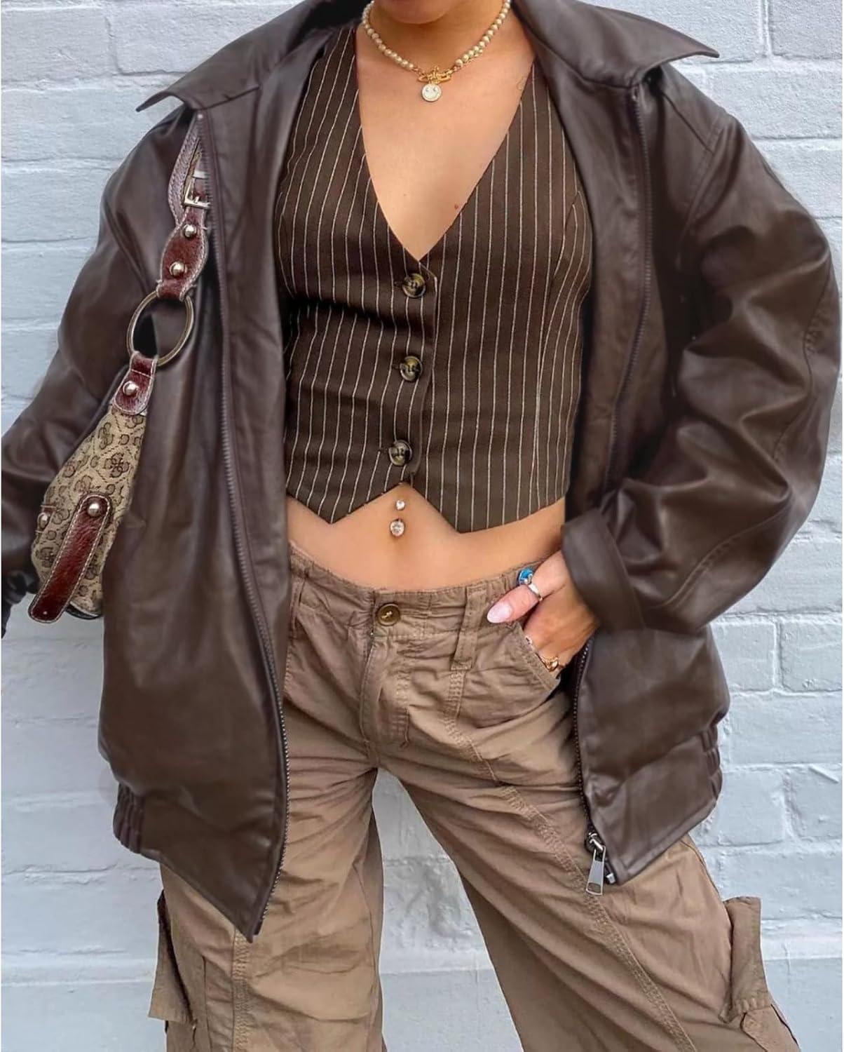 imageWomens Faux Leather Jackets Oversized Motorcycle Jacket Bomber Coats Fashion Outfits Spring Fall ClothesBrown