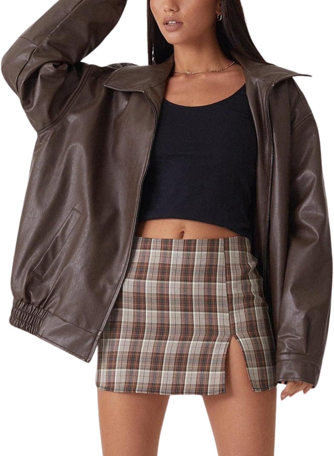 imageWomens Faux Leather Jackets Oversized Motorcycle Jacket Bomber Coats Fashion Outfits Spring Fall ClothesBrown