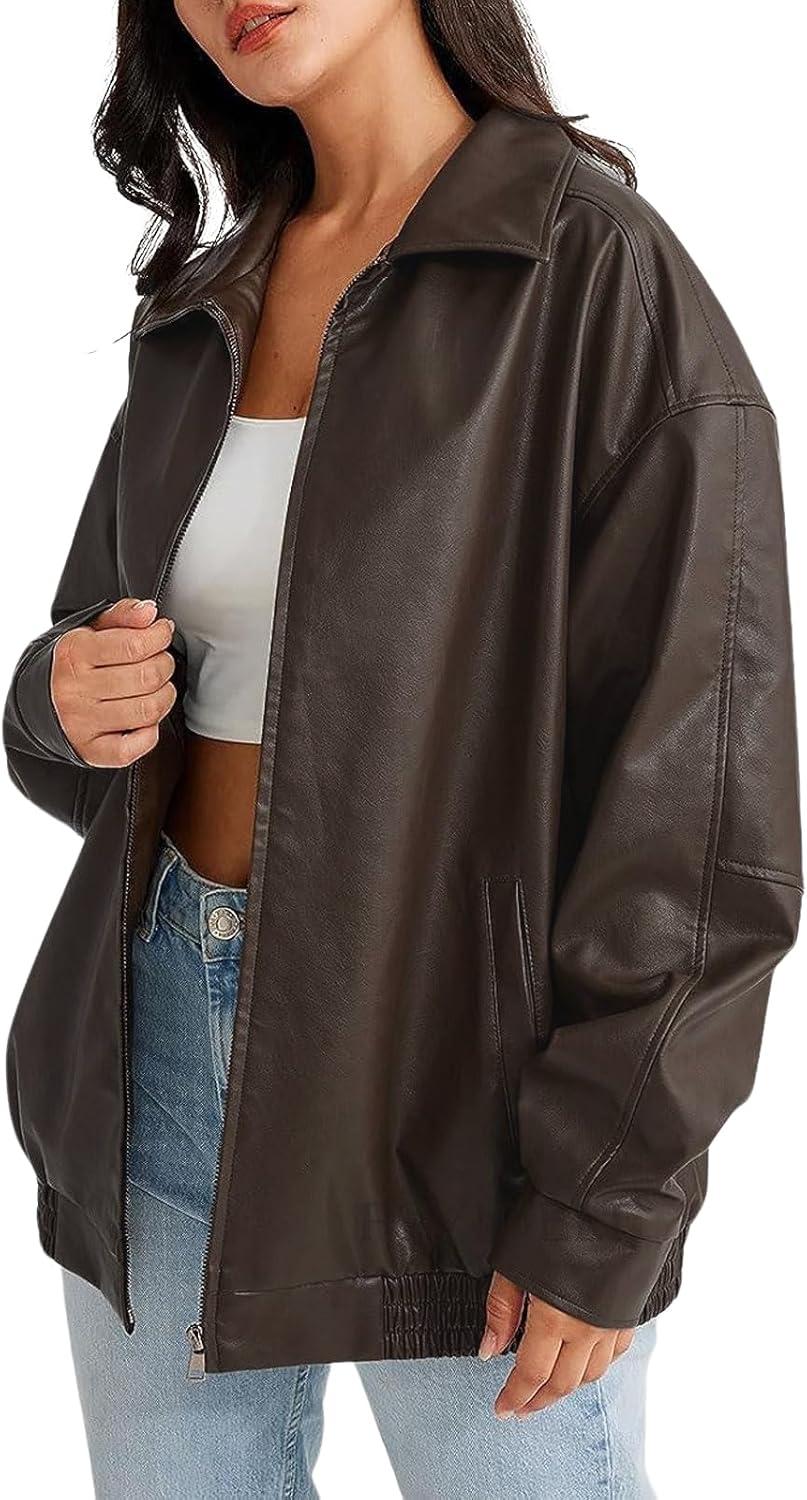 imageWomens Faux Leather Jackets Oversized Motorcycle Jacket Bomber Coats Fashion Outfits Spring Fall ClothesBrown
