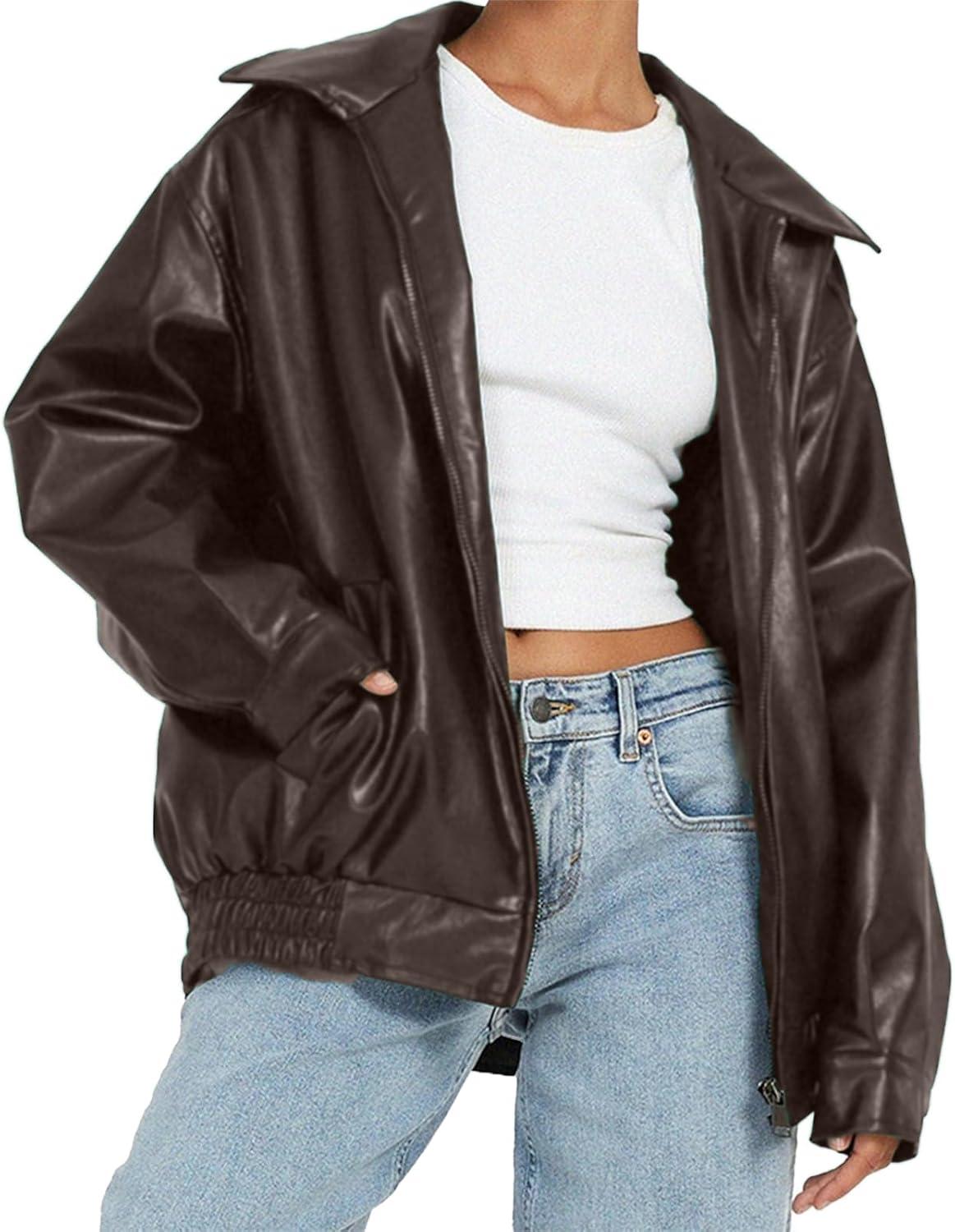 imageWomens Faux Leather Jackets Oversized Motorcycle Jacket Bomber Coats Fashion Outfits Spring Fall ClothesBrown