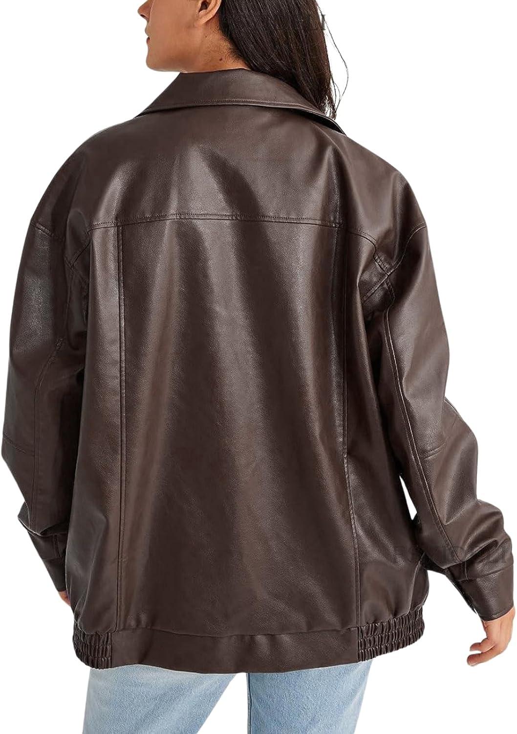 imageWomens Faux Leather Jackets Oversized Motorcycle Jacket Bomber Coats Fashion Outfits Spring Fall ClothesBrown