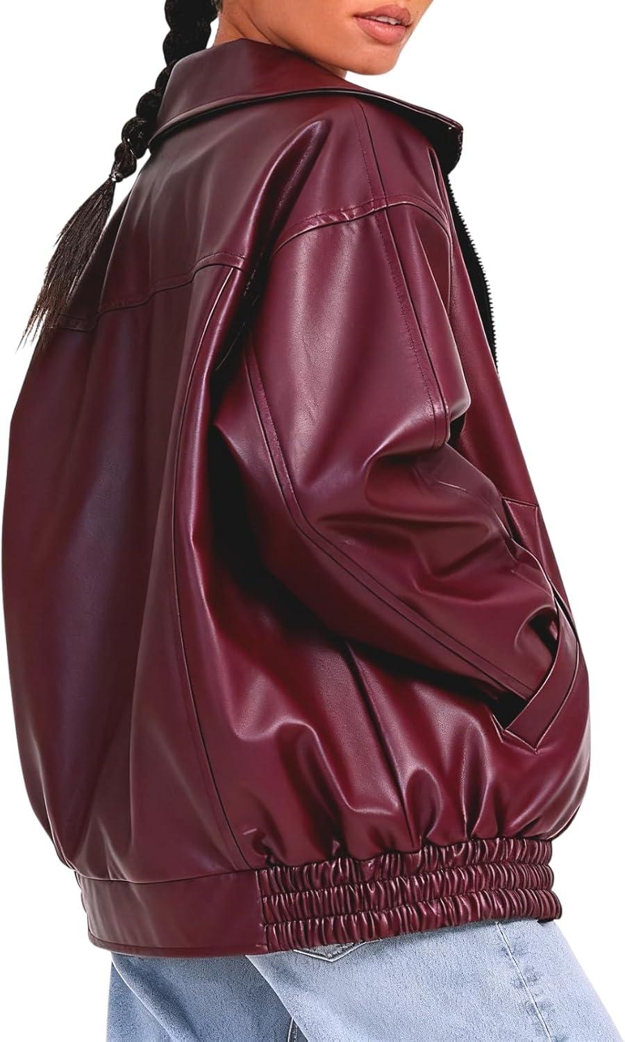 imageWomens Faux Leather Jackets Oversized Motorcycle Jacket Bomber Coats Fashion Outfits Spring Fall ClothesBurgundy