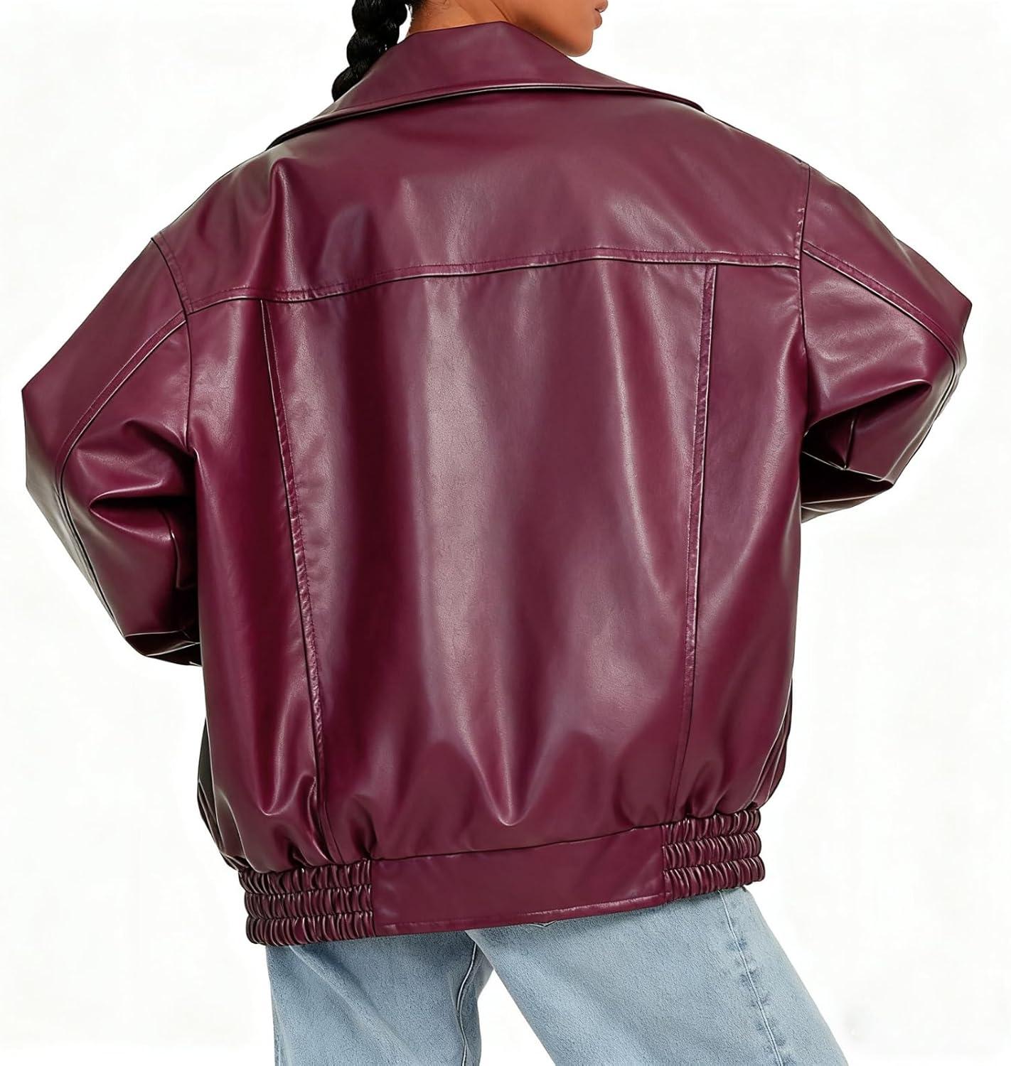 imageWomens Faux Leather Jackets Oversized Motorcycle Jacket Bomber Coats Fashion Outfits Spring Fall ClothesBurgundy