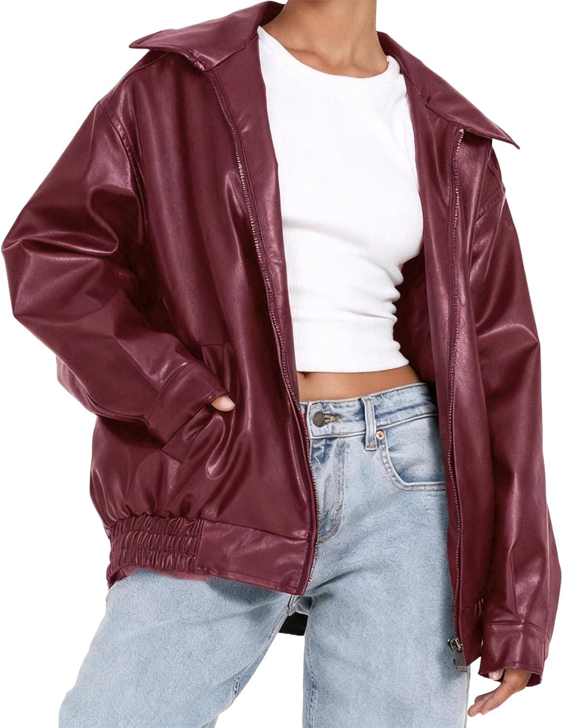 imageWomens Faux Leather Jackets Oversized Motorcycle Jacket Bomber Coats Fashion Outfits Spring Fall ClothesBurgundy