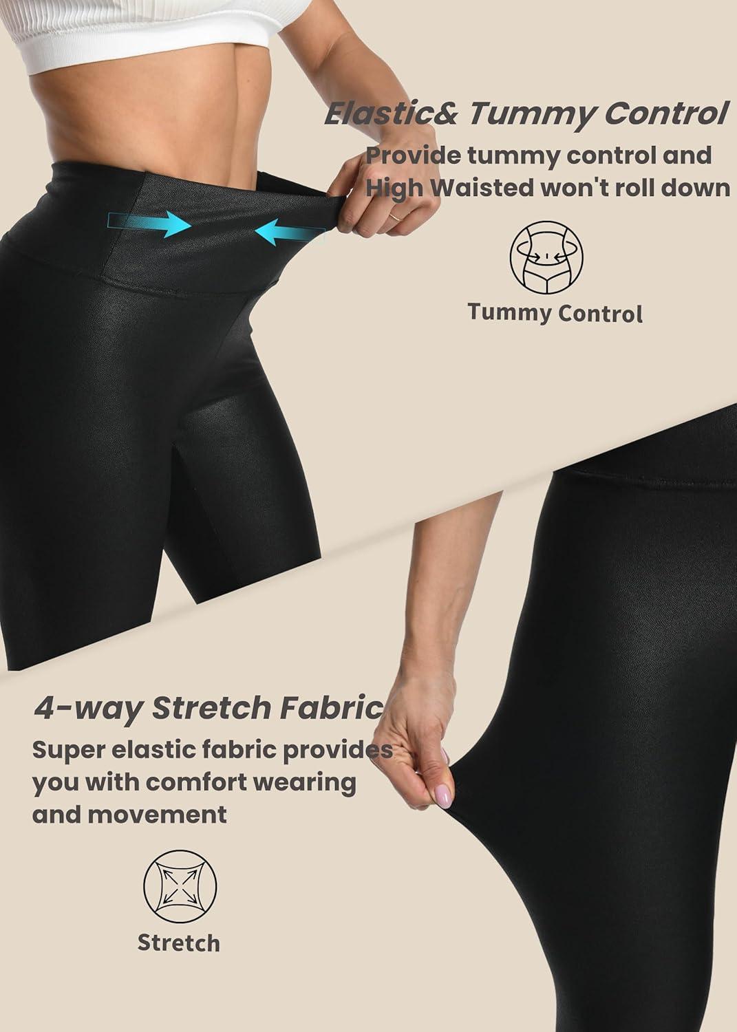 imageWomens Faux Leather Leggings High Waisted Black Leather Pants Sexy Tummy Control Stretch Comfy Pleather TightsBlack Matte Faux Leather Without Hidden Pockets