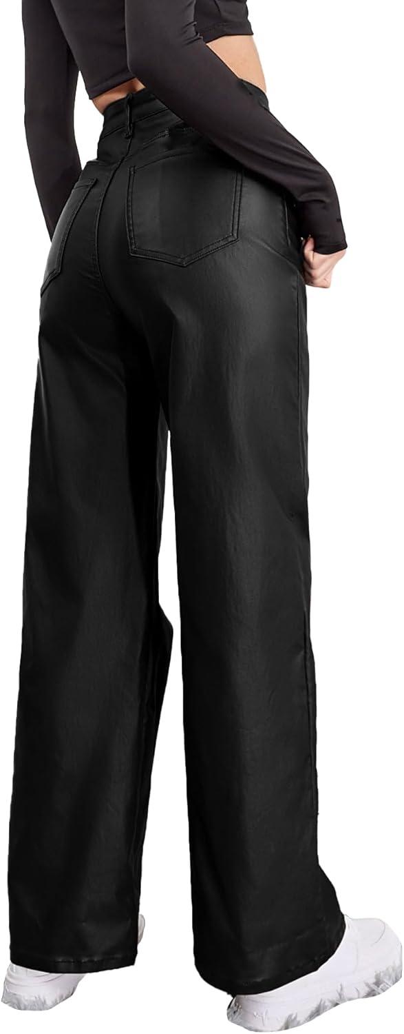 imageWomens Faux Leather Pants Coated High Waist PU Straight Leg Trousers Black Leggings with PocketsBlack