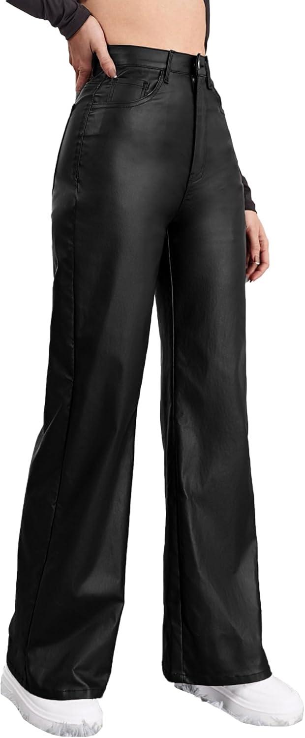 imageWomens Faux Leather Pants Coated High Waist PU Straight Leg Trousers Black Leggings with PocketsBlack