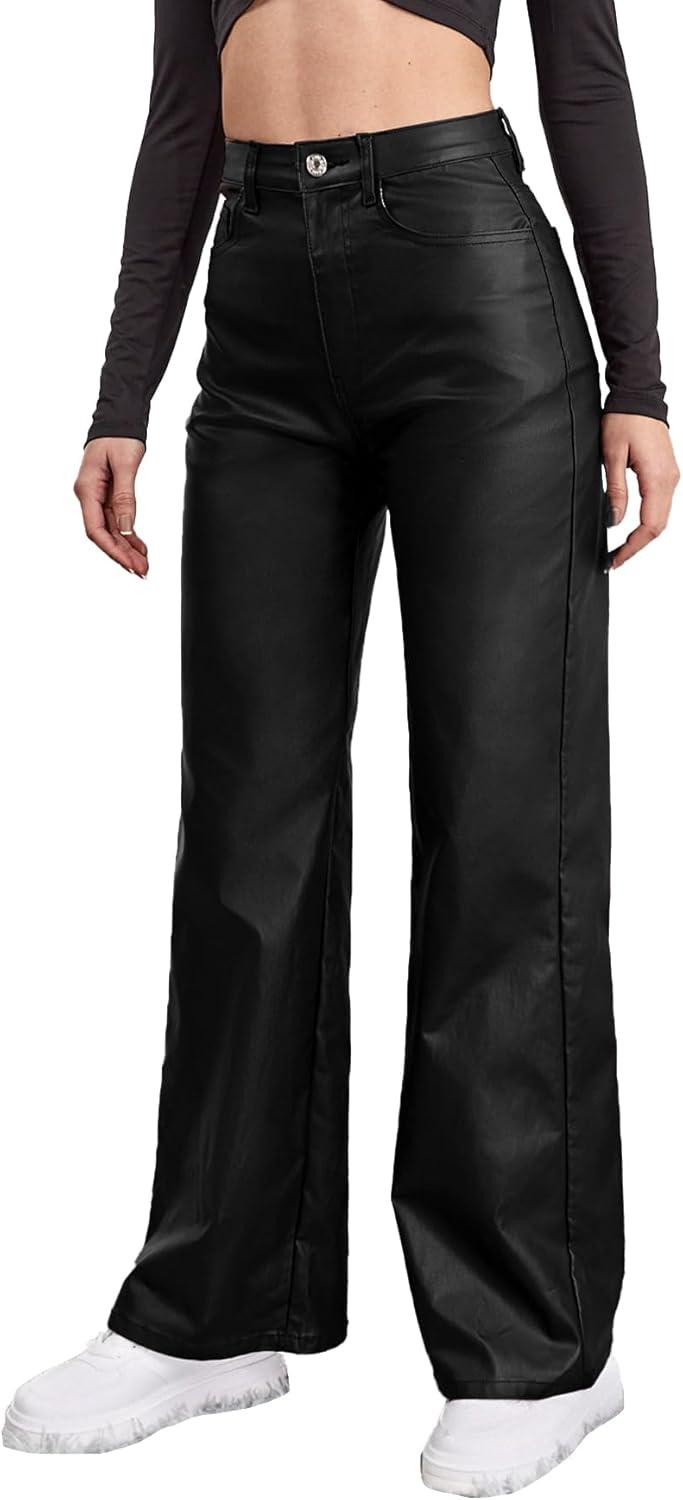 imageWomens Faux Leather Pants Coated High Waist PU Straight Leg Trousers Black Leggings with PocketsBlack