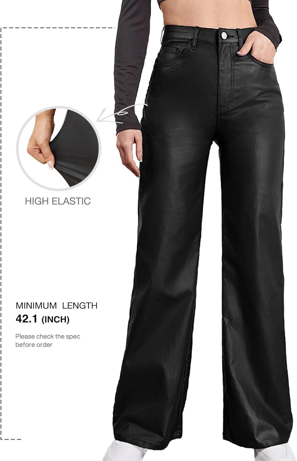 imageWomens Faux Leather Pants Coated High Waist PU Straight Leg Trousers Black Leggings with PocketsBlack
