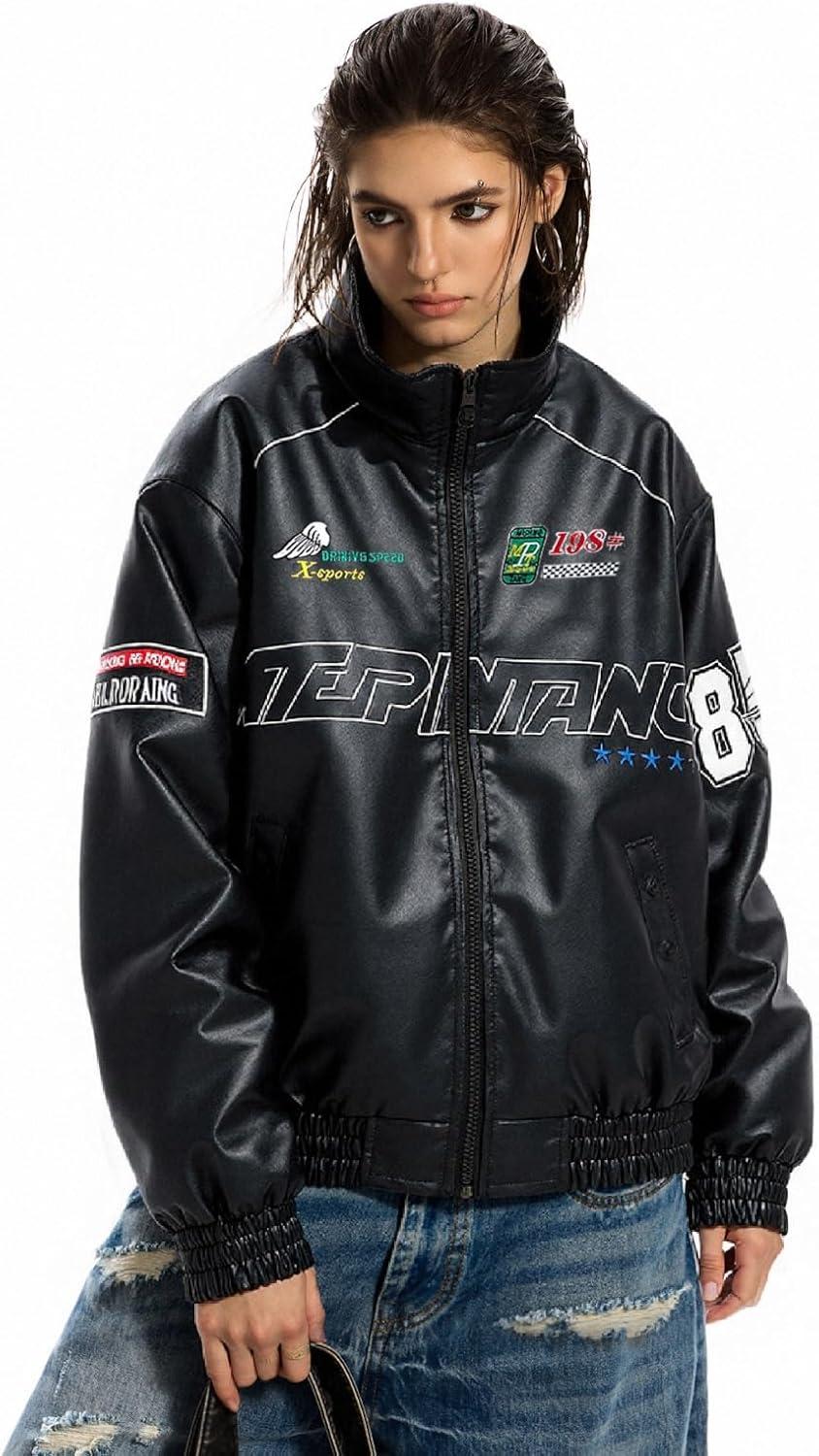 imageWomens Faux Leather Racing Jacket Oversized Moto Bomber Varsity Coat with Graphic Print Unisex StreetwearBlack
