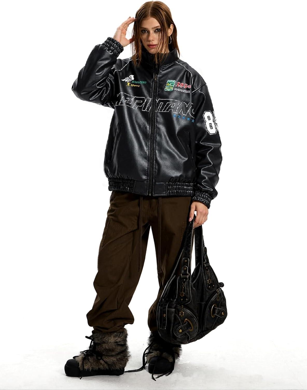 imageWomens Faux Leather Racing Jacket Oversized Moto Bomber Varsity Coat with Graphic Print Unisex StreetwearBlack