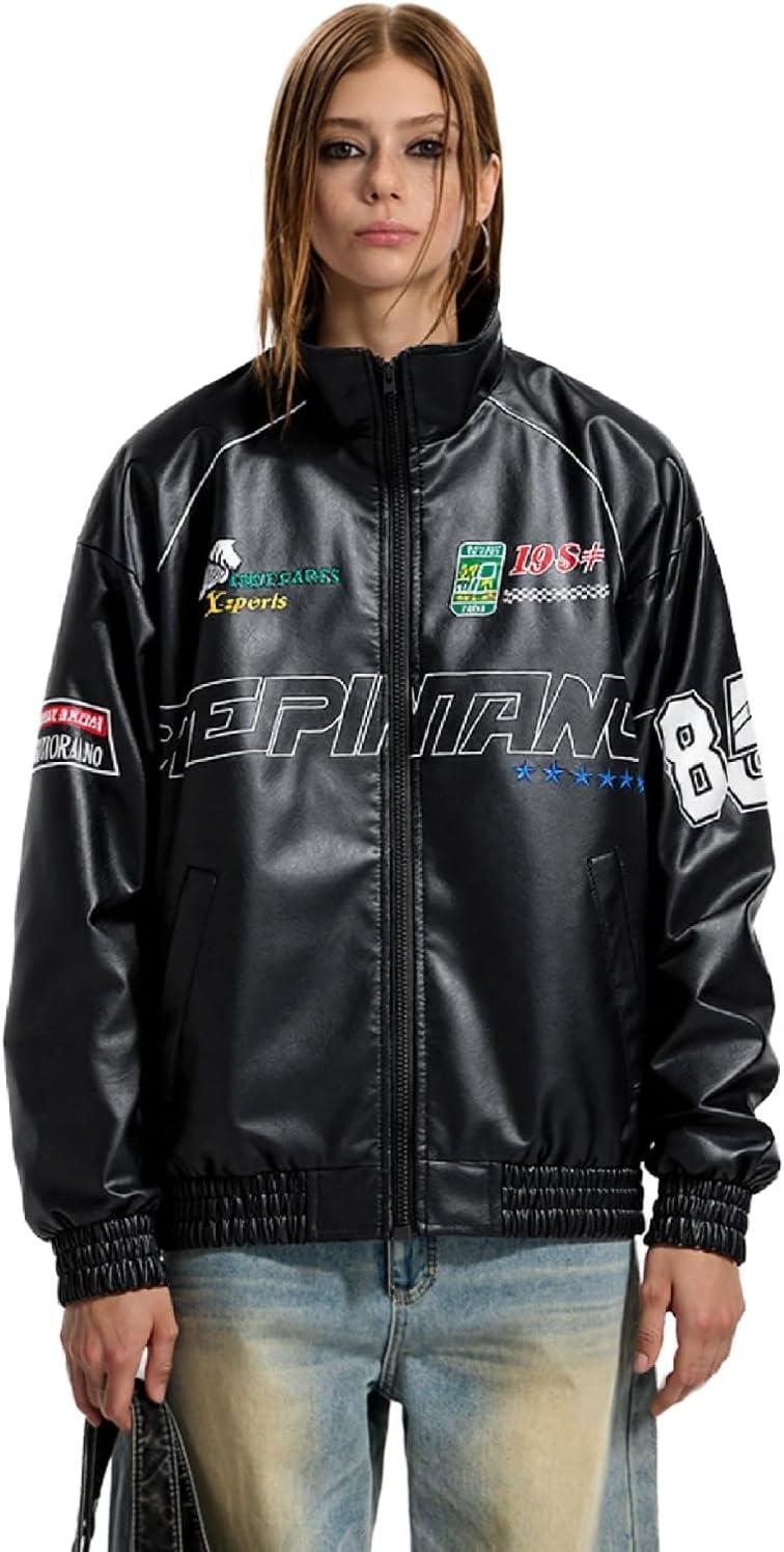 imageWomens Faux Leather Racing Jacket Oversized Moto Bomber Varsity Coat with Graphic Print Unisex StreetwearBlack
