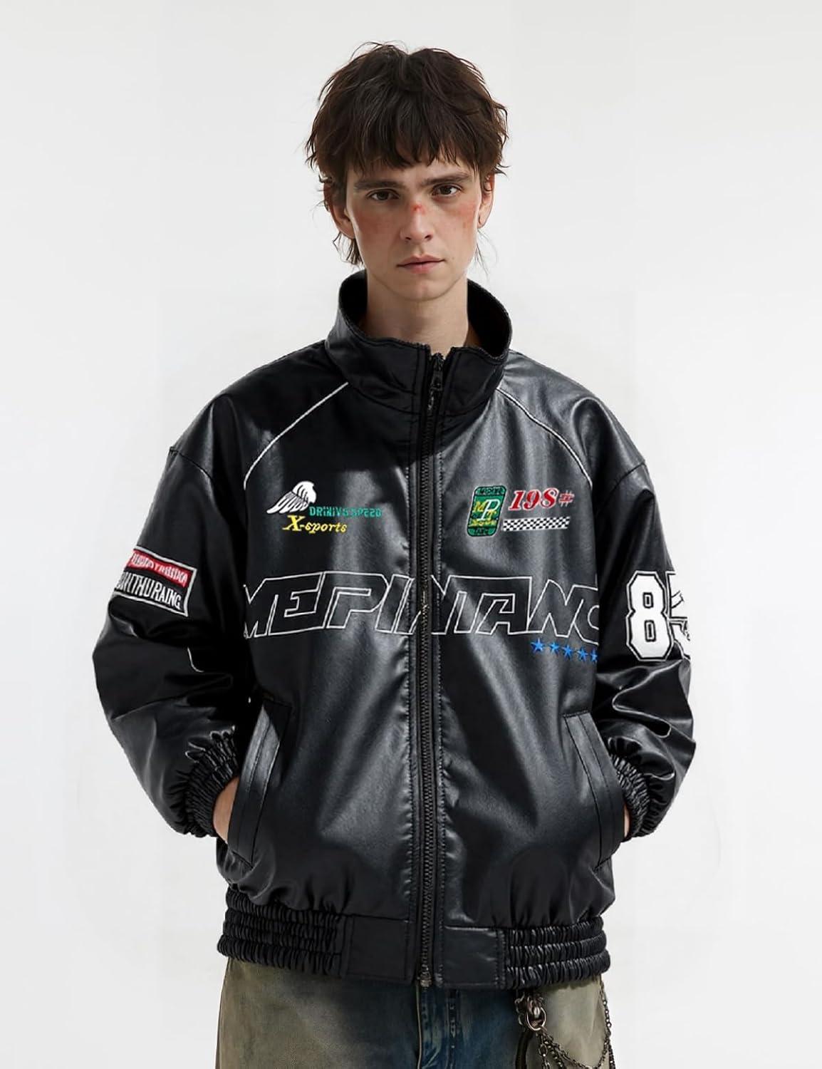 imageWomens Faux Leather Racing Jacket Oversized Moto Bomber Varsity Coat with Graphic Print Unisex StreetwearBlack