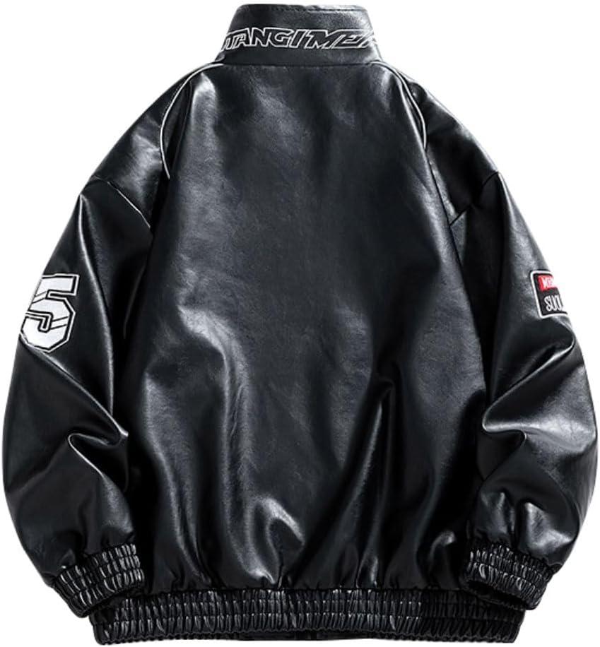 imageWomens Faux Leather Racing Jacket Oversized Moto Bomber Varsity Coat with Graphic Print Unisex StreetwearBlack
