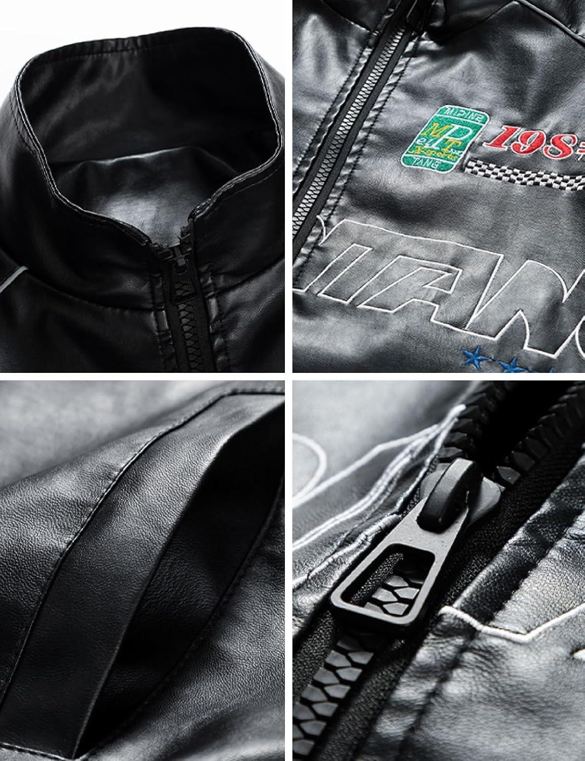 imageWomens Faux Leather Racing Jacket Oversized Moto Bomber Varsity Coat with Graphic Print Unisex StreetwearBlack