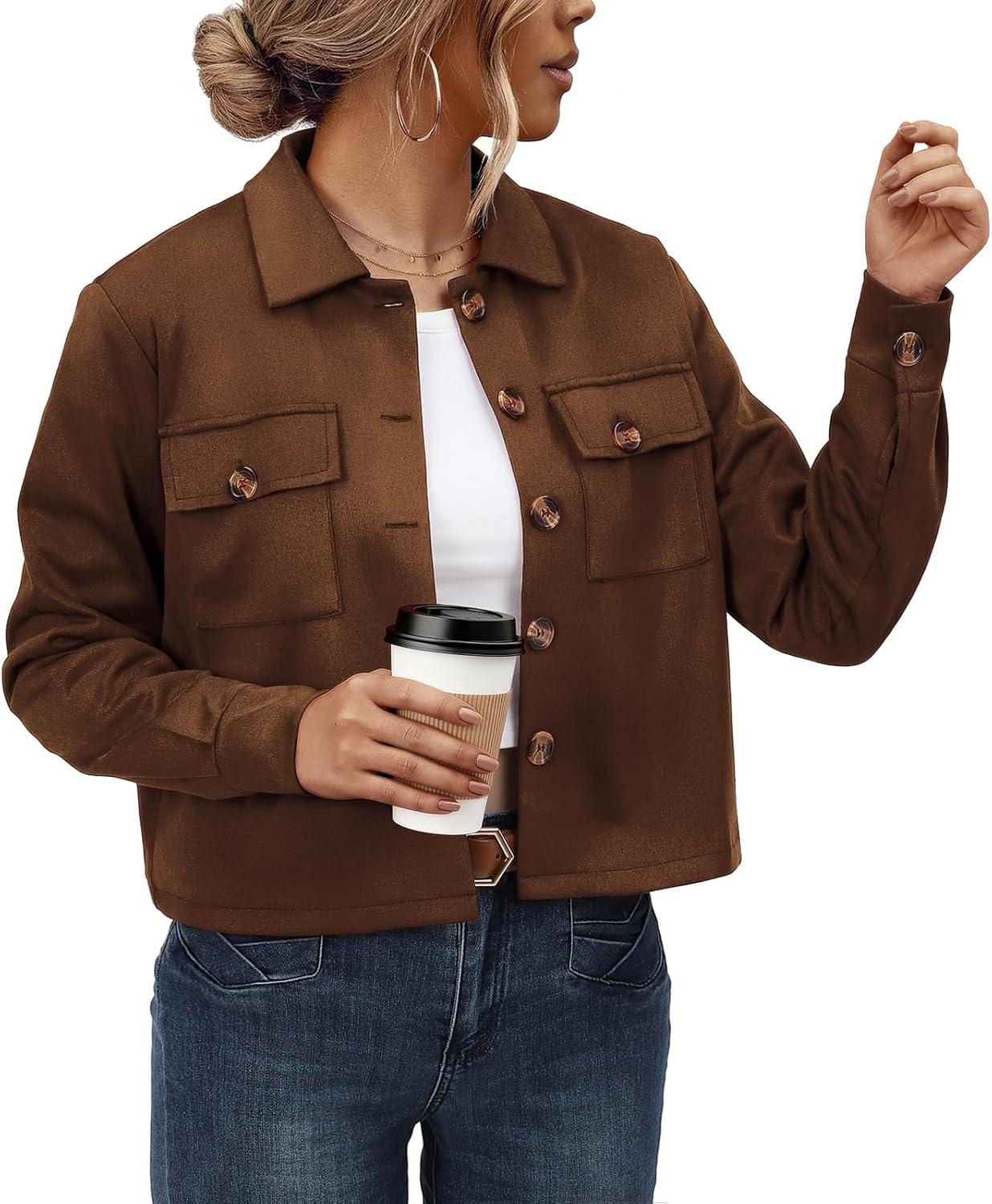 imageWomens Faux Suede Cropped Jacket Casual Button Down Fall Shacket Jackets Long Sleeve Outerwear CoatsDark Coffee