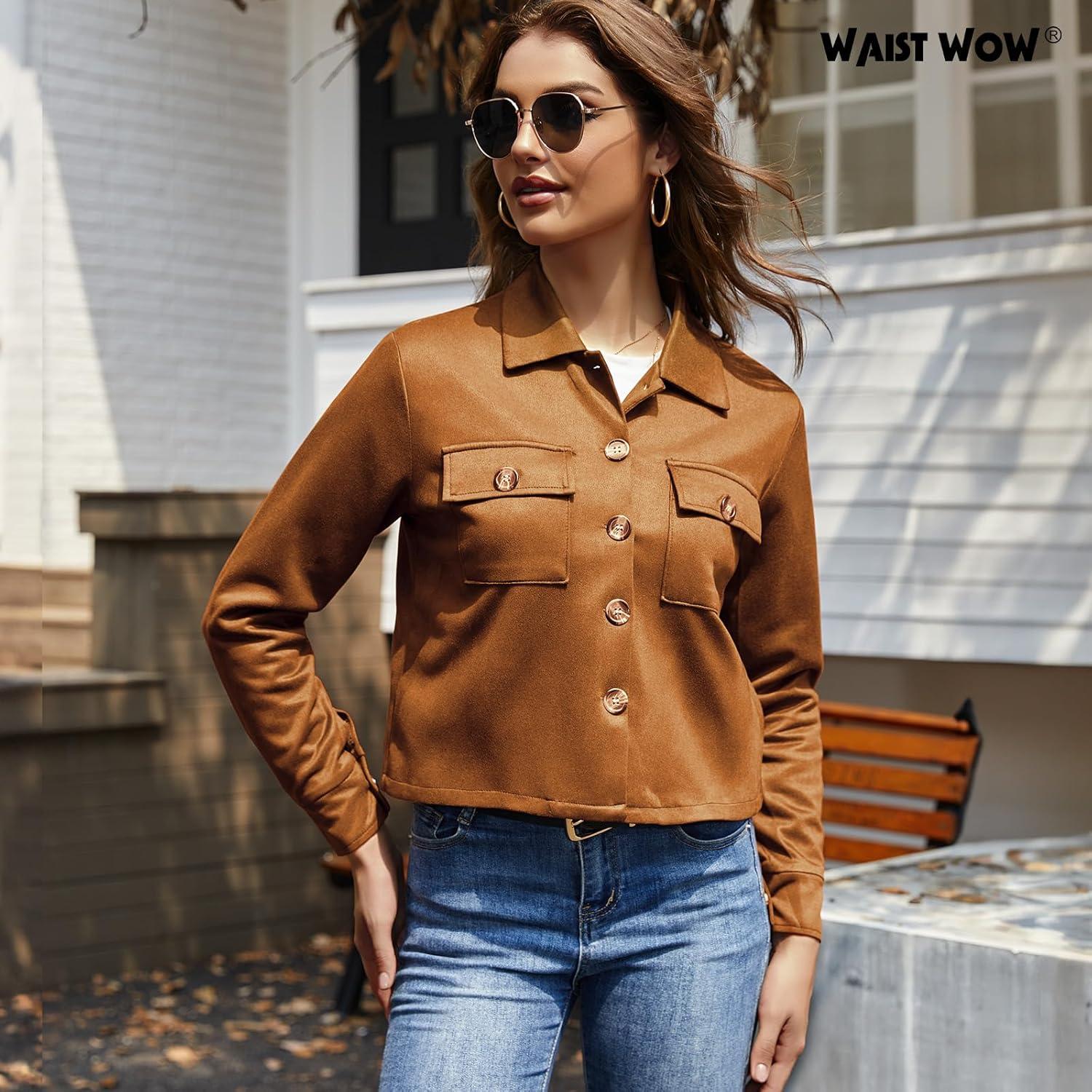 imageWomens Faux Suede Cropped Jacket Casual Button Down Fall Shacket Jackets Long Sleeve Outerwear CoatsLight Brown