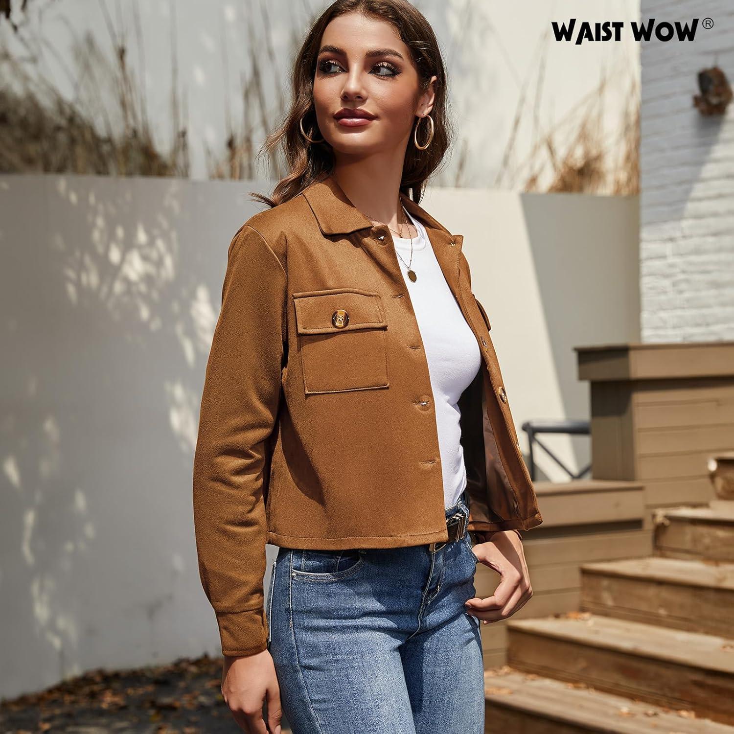 imageWomens Faux Suede Cropped Jacket Casual Button Down Fall Shacket Jackets Long Sleeve Outerwear CoatsLight Brown