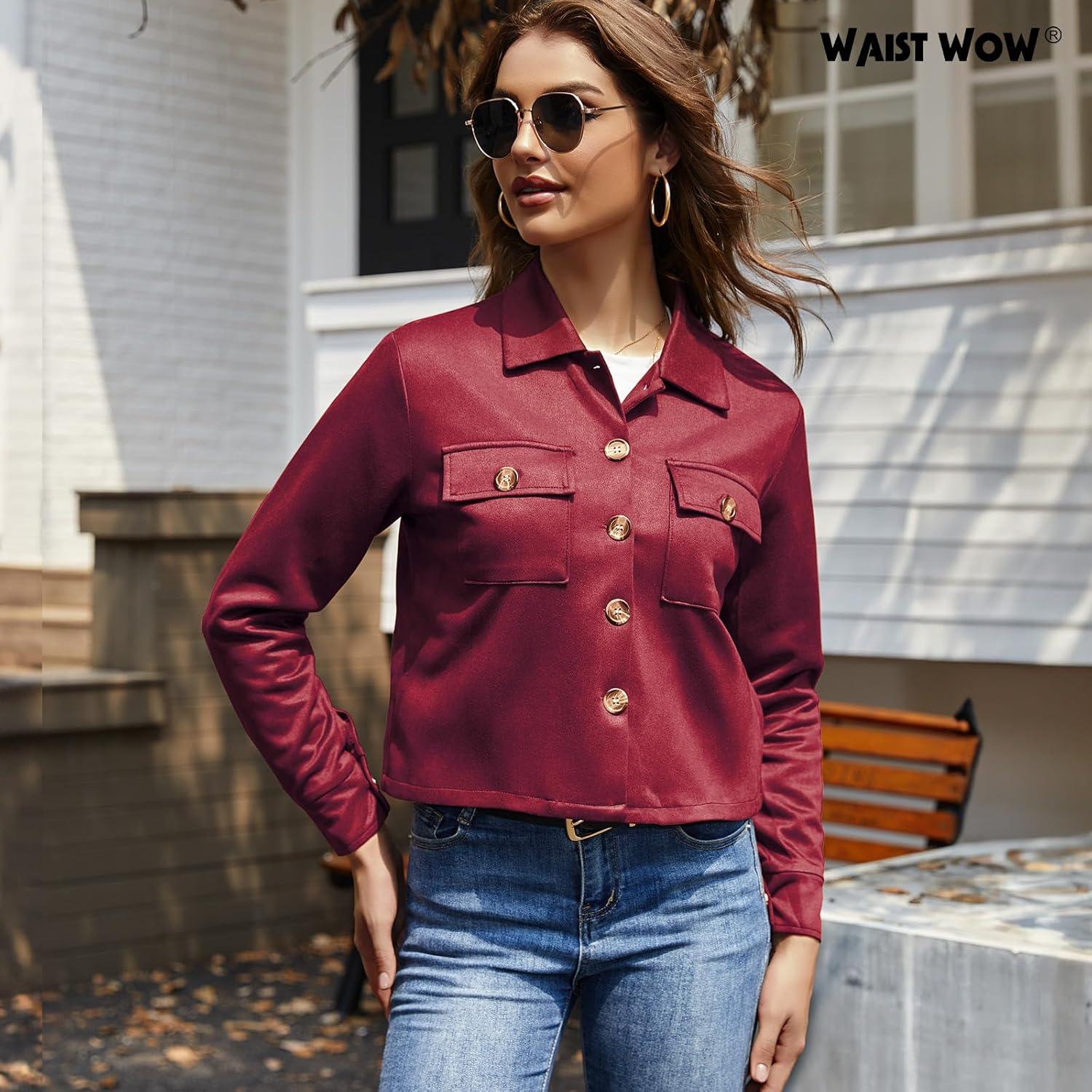 imageWomens Faux Suede Cropped Jacket Casual Button Down Fall Shacket Jackets Long Sleeve Outerwear CoatsWine Red