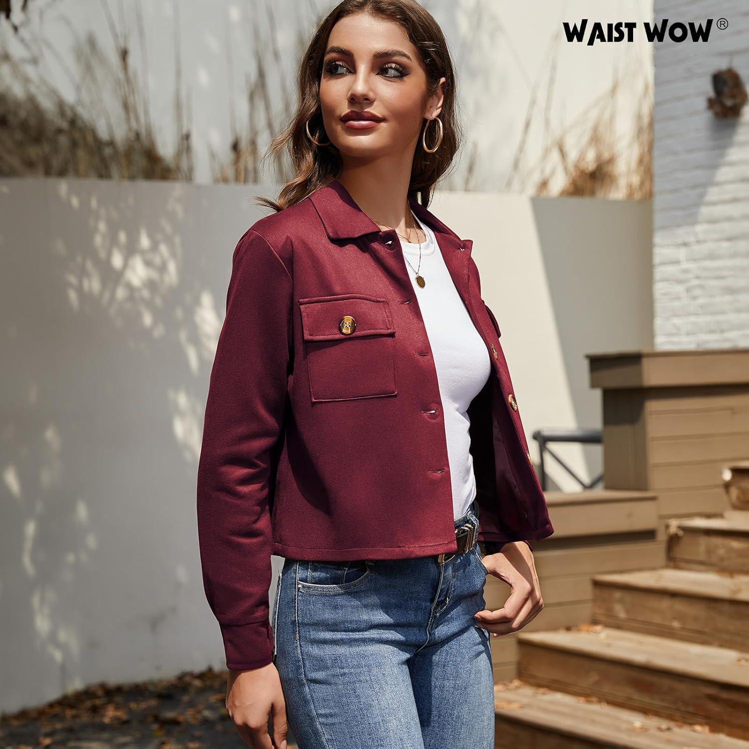 imageWomens Faux Suede Cropped Jacket Casual Button Down Fall Shacket Jackets Long Sleeve Outerwear CoatsWine Red