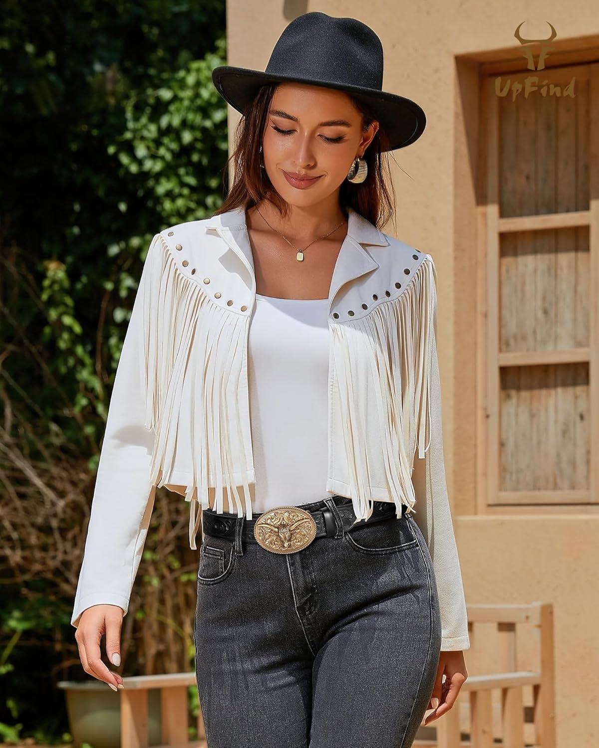 imageWomens Fringe Faux Suede Leather Jackets Fashion Fall Western Tassel Motorcycle Cropped Open Front Coats with RivetsBeige Apricot
