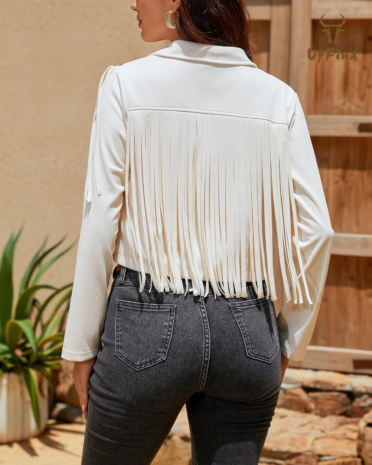 imageWomens Fringe Faux Suede Leather Jackets Fashion Fall Western Tassel Motorcycle Cropped Open Front Coats with RivetsBeige Apricot