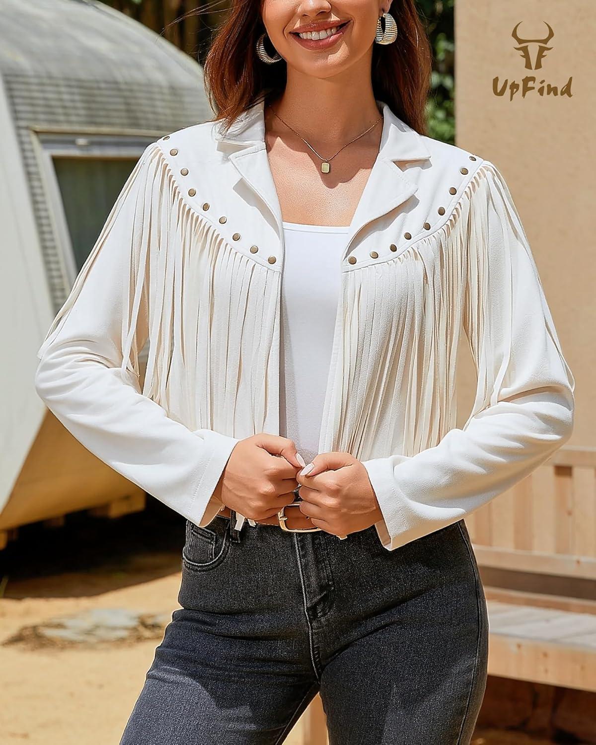 imageWomens Fringe Faux Suede Leather Jackets Fashion Fall Western Tassel Motorcycle Cropped Open Front Coats with RivetsBeige Apricot