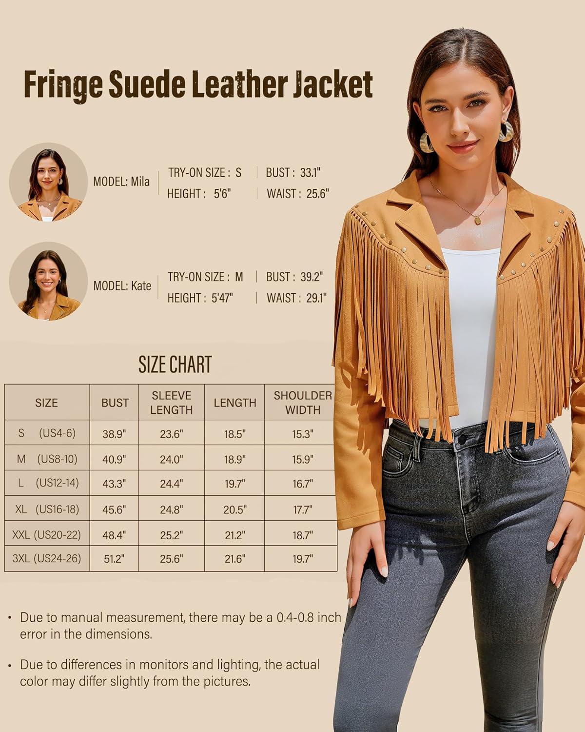 imageWomens Fringe Faux Suede Leather Jackets Fashion Fall Western Tassel Motorcycle Cropped Open Front Coats with RivetsBlack