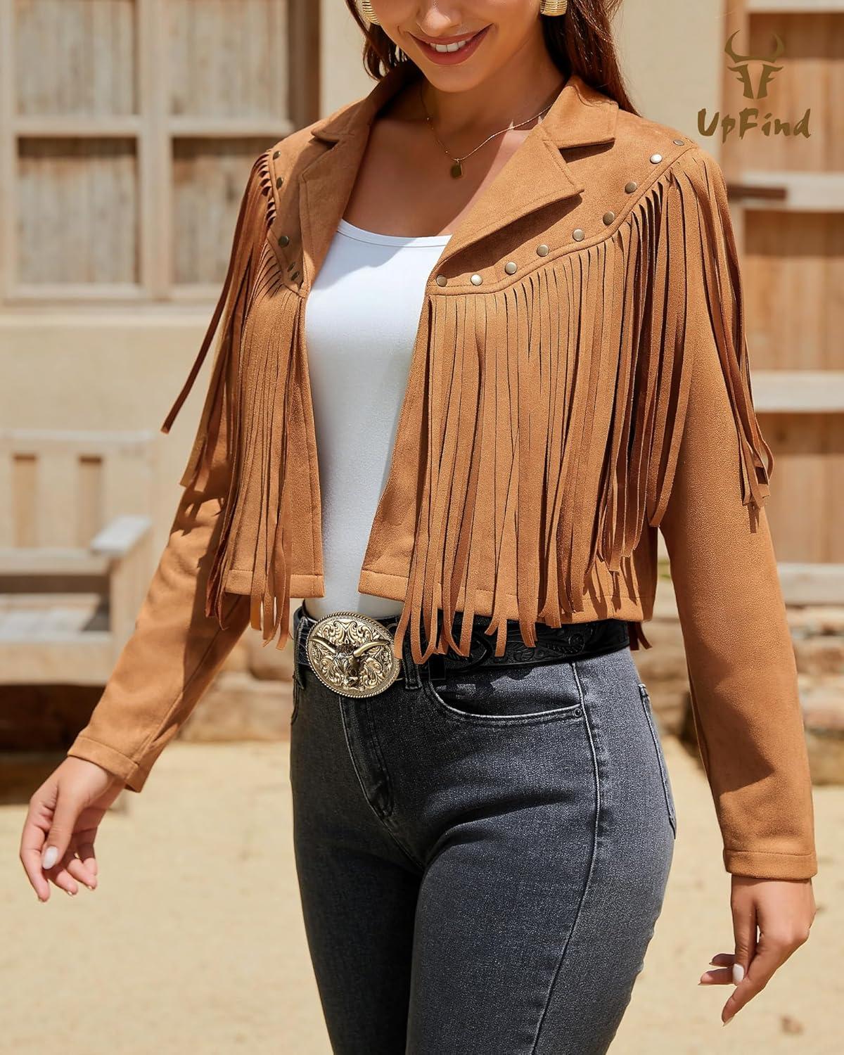 imageWomens Fringe Faux Suede Leather Jackets Fashion Fall Western Tassel Motorcycle Cropped Open Front Coats with RivetsBrown
