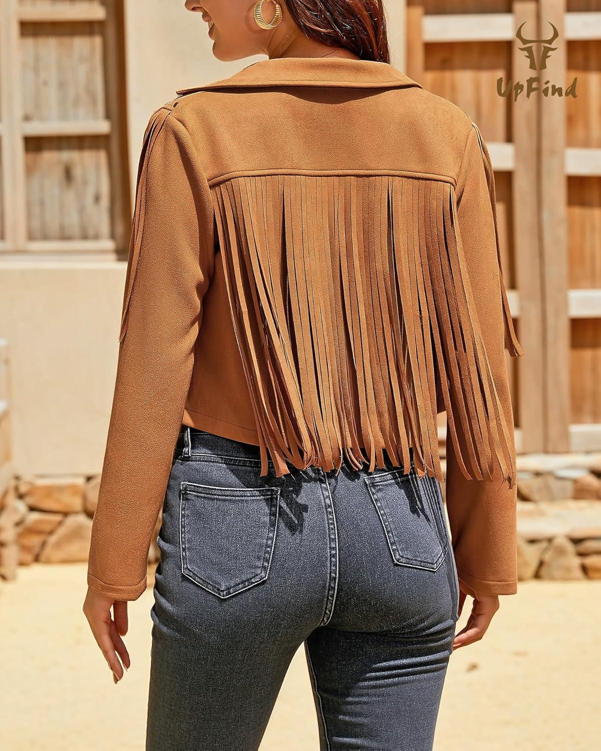 imageWomens Fringe Faux Suede Leather Jackets Fashion Fall Western Tassel Motorcycle Cropped Open Front Coats with RivetsBrown