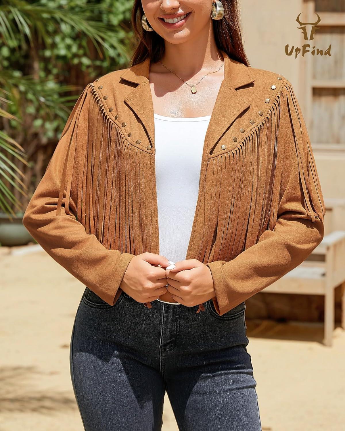 imageWomens Fringe Faux Suede Leather Jackets Fashion Fall Western Tassel Motorcycle Cropped Open Front Coats with RivetsBrown