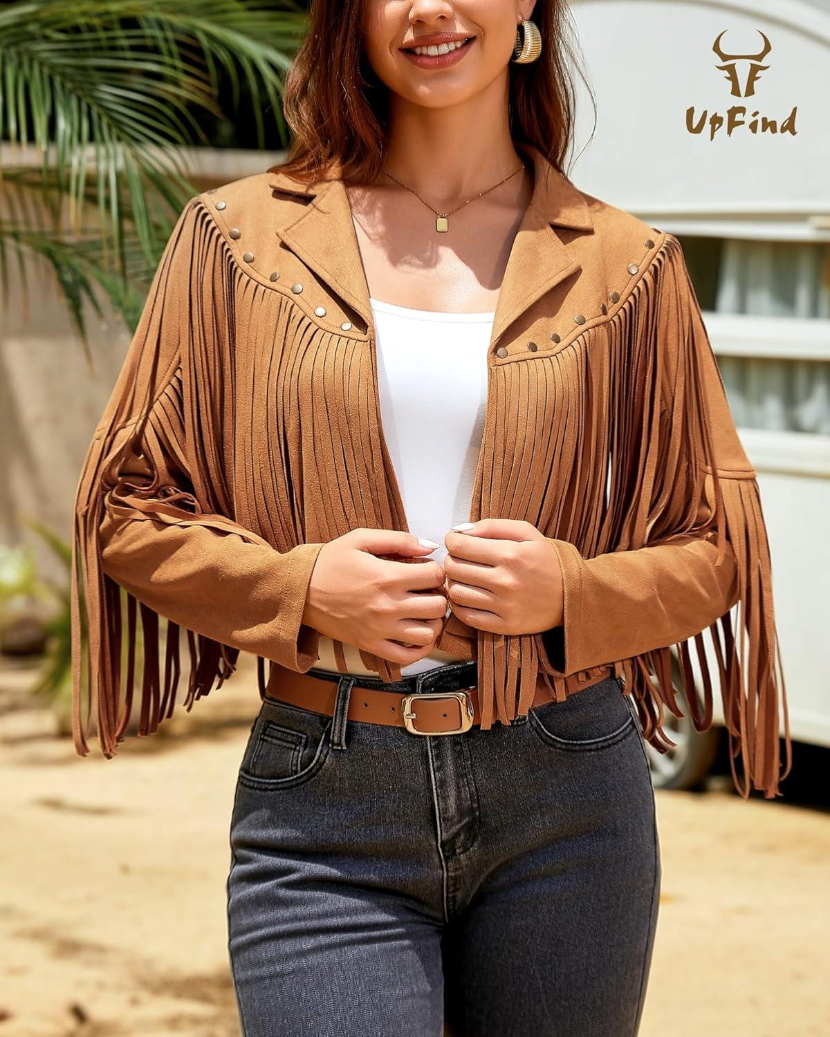 imageWomens Fringe Faux Suede Leather Jackets Fashion Fall Western Tassel Motorcycle Cropped Open Front Coats with RivetsBrown Fringed Sleeves