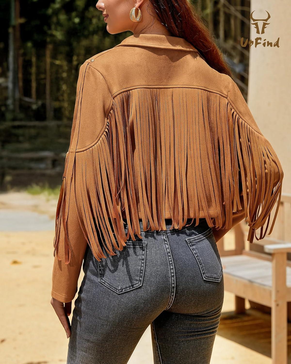 imageWomens Fringe Faux Suede Leather Jackets Fashion Fall Western Tassel Motorcycle Cropped Open Front Coats with RivetsBrown Fringed Sleeves