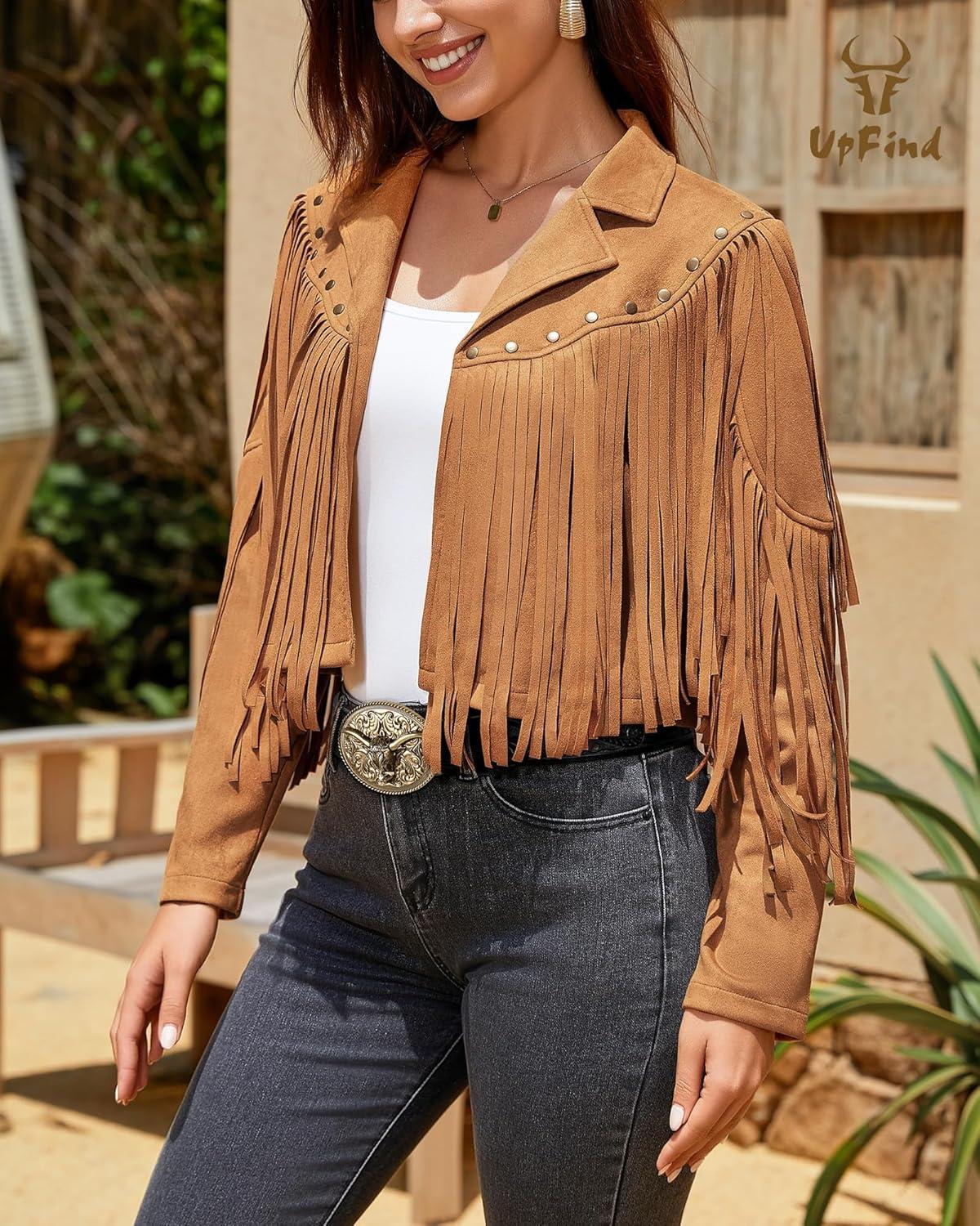 imageWomens Fringe Faux Suede Leather Jackets Fashion Fall Western Tassel Motorcycle Cropped Open Front Coats with RivetsBrown Fringed Sleeves