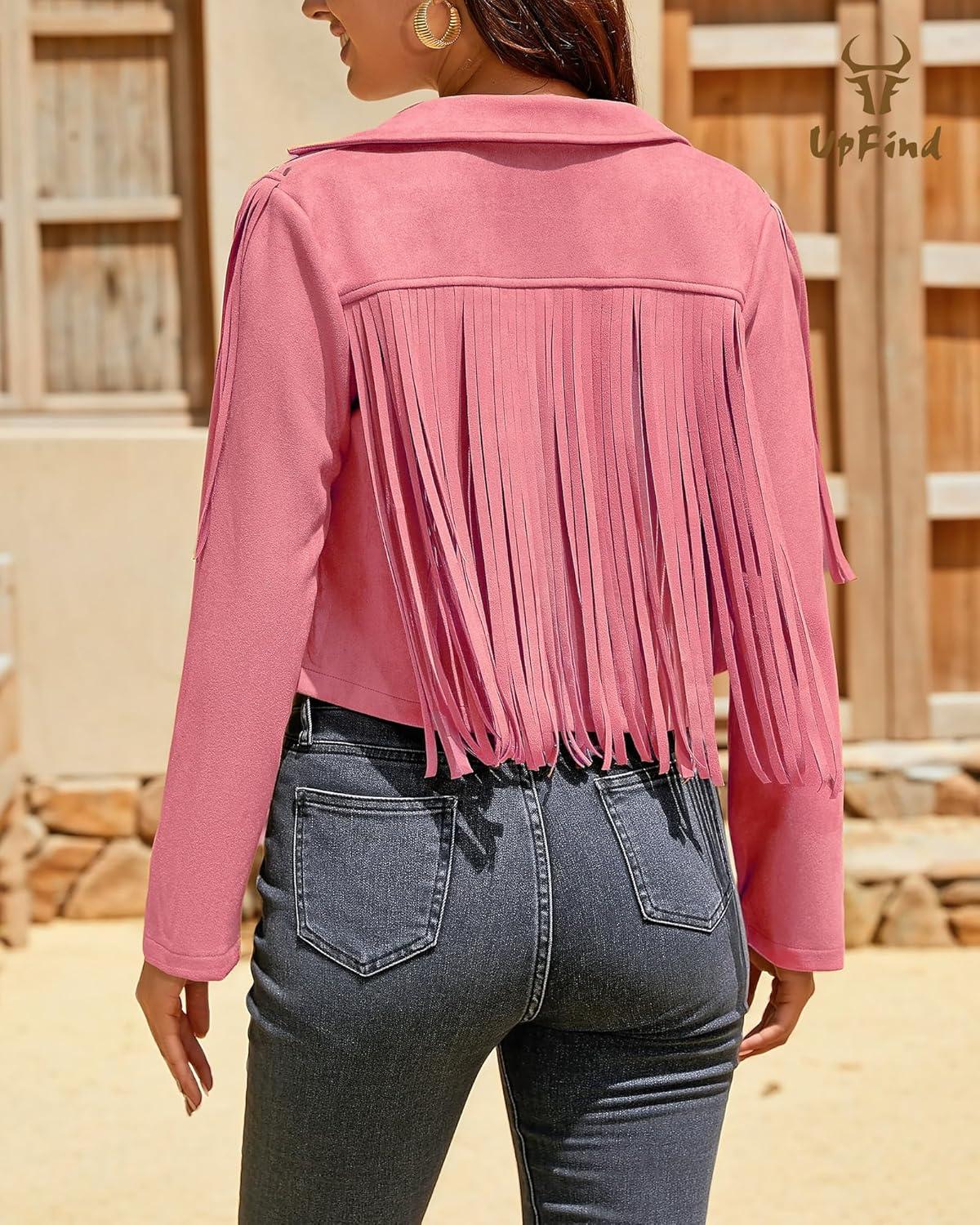 imageWomens Fringe Faux Suede Leather Jackets Fashion Fall Western Tassel Motorcycle Cropped Open Front Coats with RivetsRose Pink