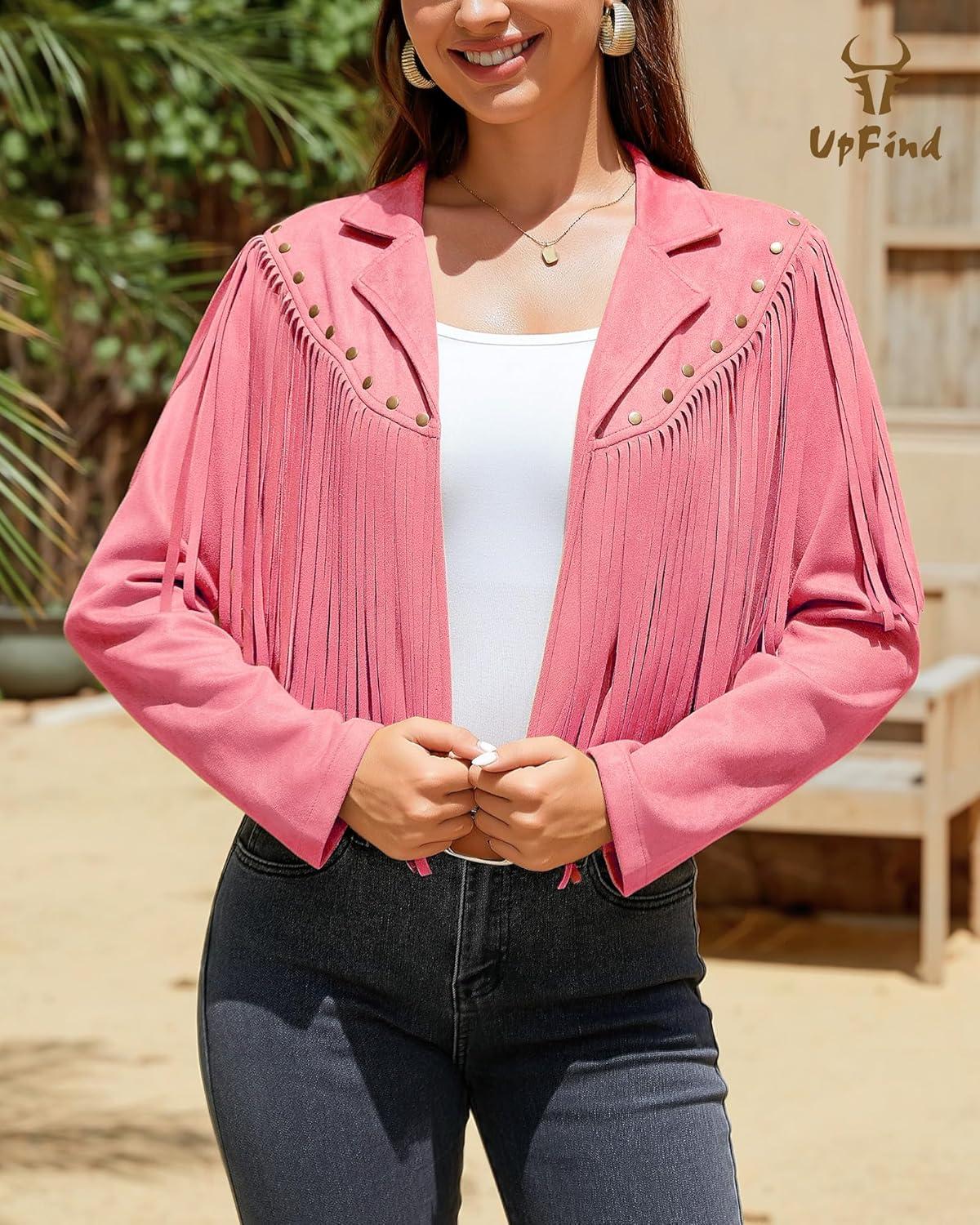 imageWomens Fringe Faux Suede Leather Jackets Fashion Fall Western Tassel Motorcycle Cropped Open Front Coats with RivetsRose Pink