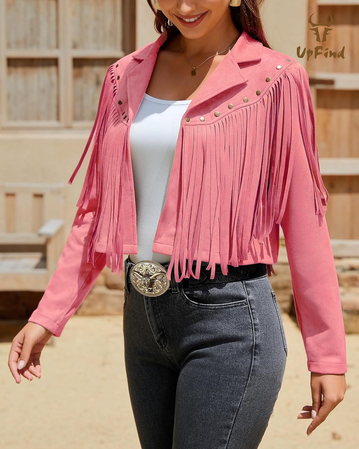 imageWomens Fringe Faux Suede Leather Jackets Fashion Fall Western Tassel Motorcycle Cropped Open Front Coats with RivetsRose Pink