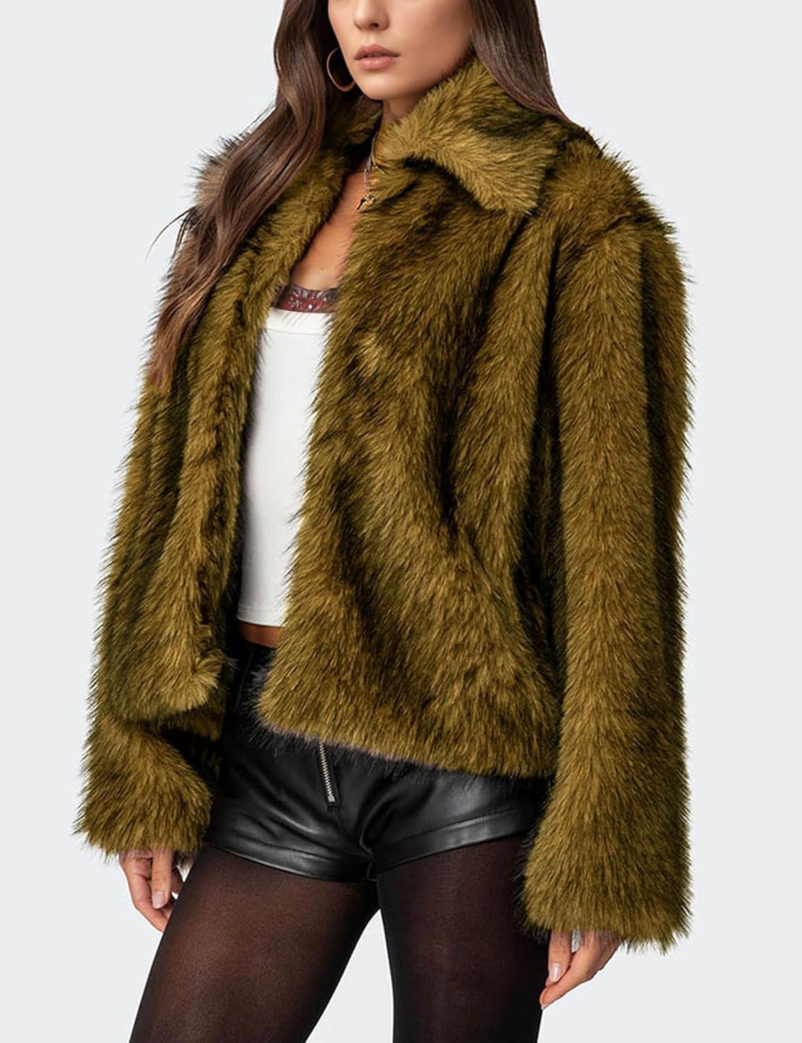 imageWyeysyt Womens Faux Fur Coat Cropped Lapel Fur Jacket Fluffy Open Front Fuzzy Winter Short Coat OuterwearBrown Black