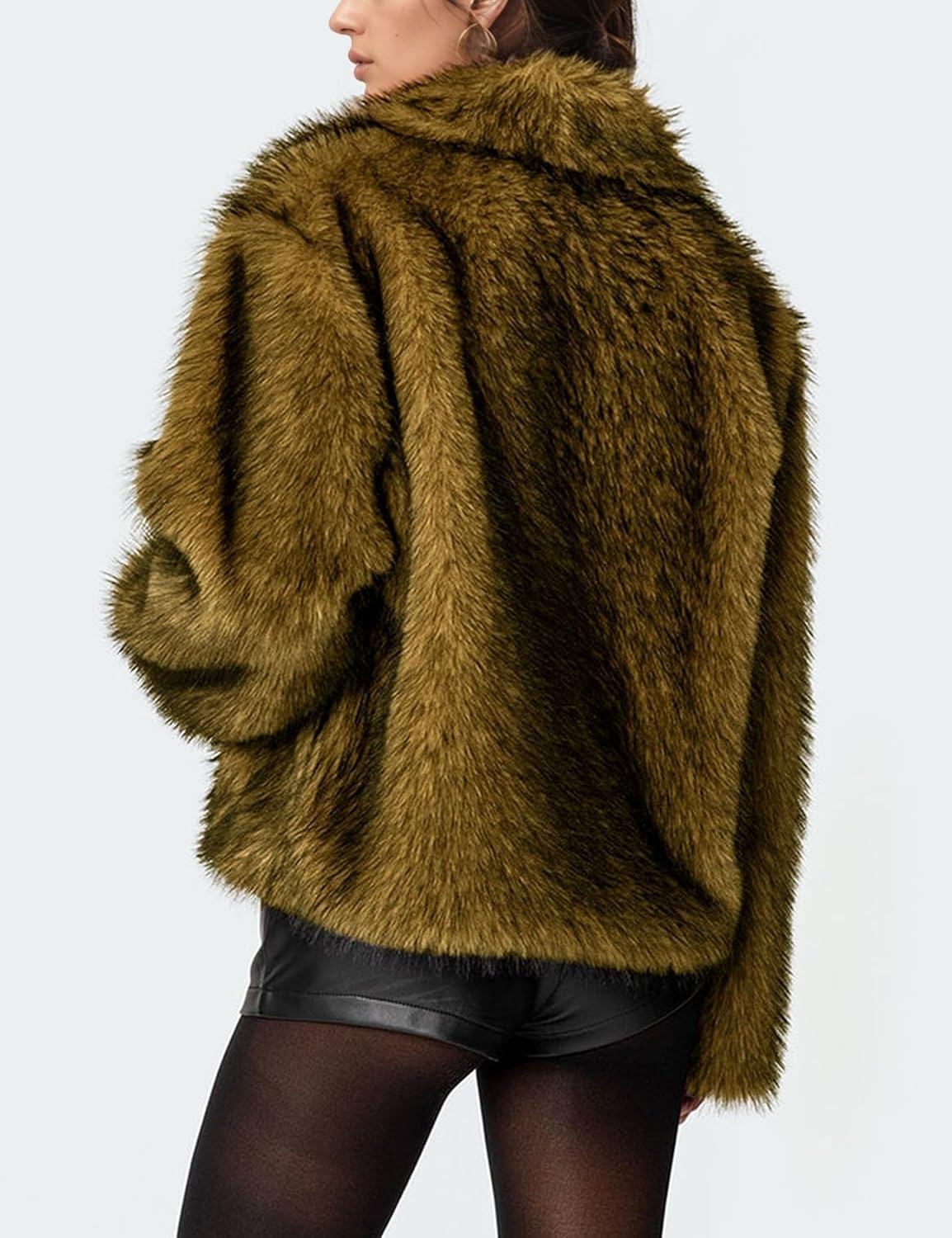imageWyeysyt Womens Faux Fur Coat Cropped Lapel Fur Jacket Fluffy Open Front Fuzzy Winter Short Coat OuterwearBrown Black