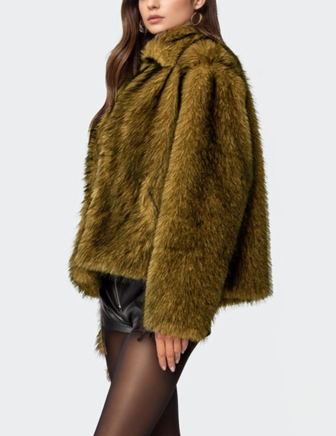 imageWyeysyt Womens Faux Fur Coat Cropped Lapel Fur Jacket Fluffy Open Front Fuzzy Winter Short Coat OuterwearBrown Black