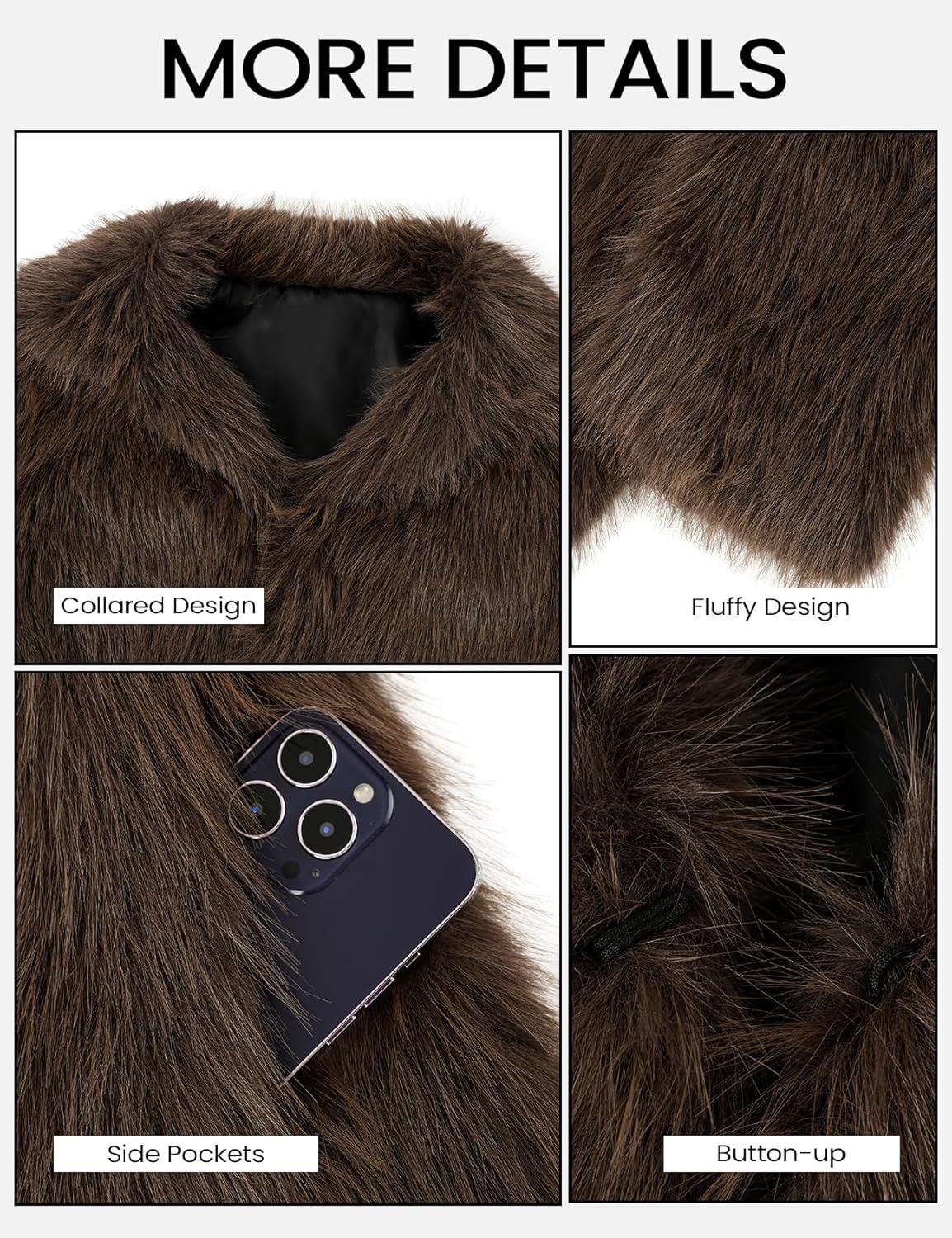 imageWyeysyt Womens Faux Fur Coat Cropped Lapel Fur Jacket Fluffy Open Front Fuzzy Winter Short Coat OuterwearCoffee