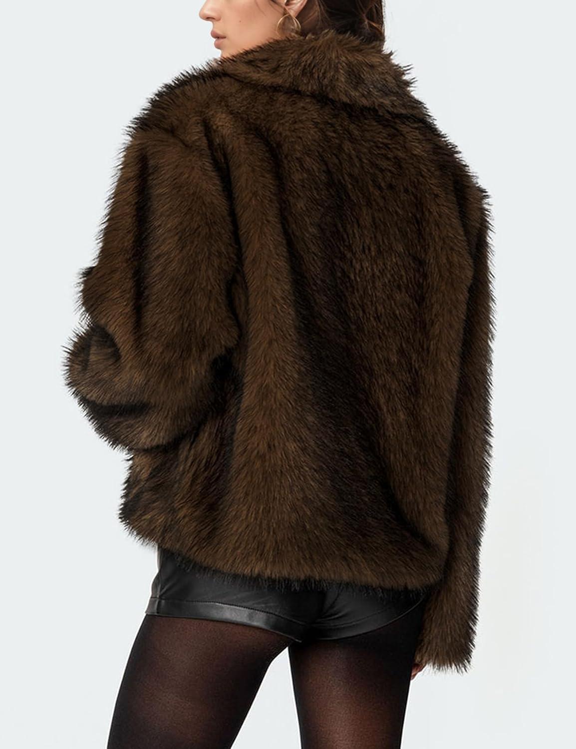 imageWyeysyt Womens Faux Fur Coat Cropped Lapel Fur Jacket Fluffy Open Front Fuzzy Winter Short Coat OuterwearCoffee