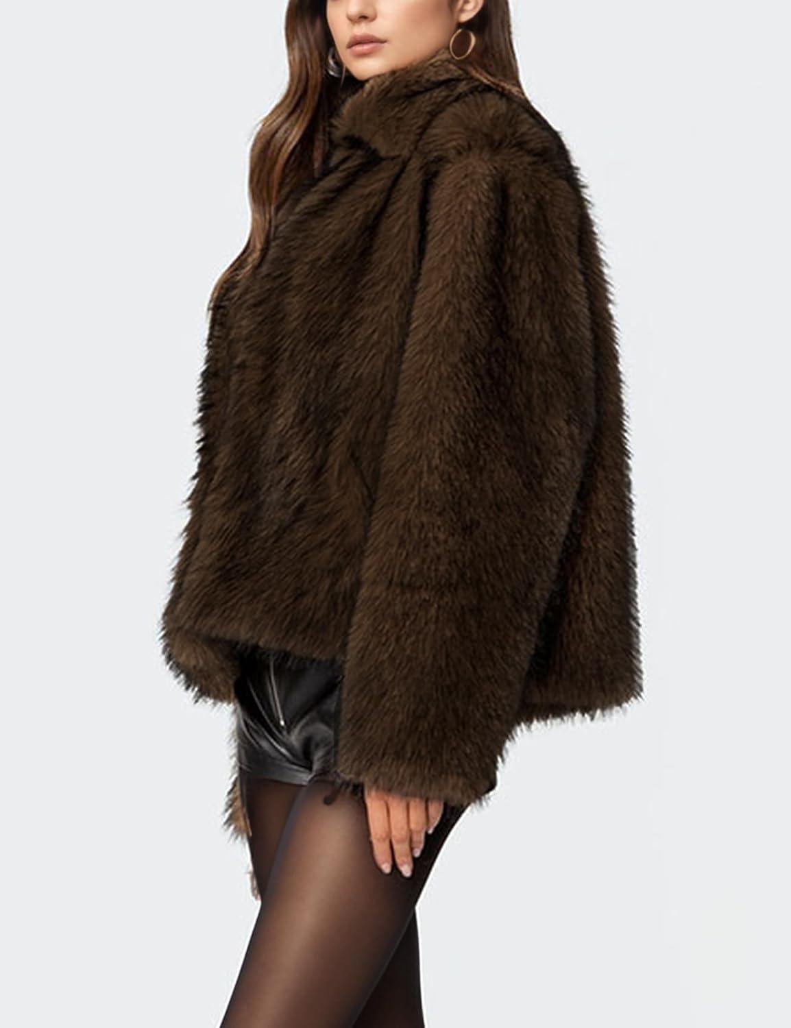 imageWyeysyt Womens Faux Fur Coat Cropped Lapel Fur Jacket Fluffy Open Front Fuzzy Winter Short Coat OuterwearCoffee